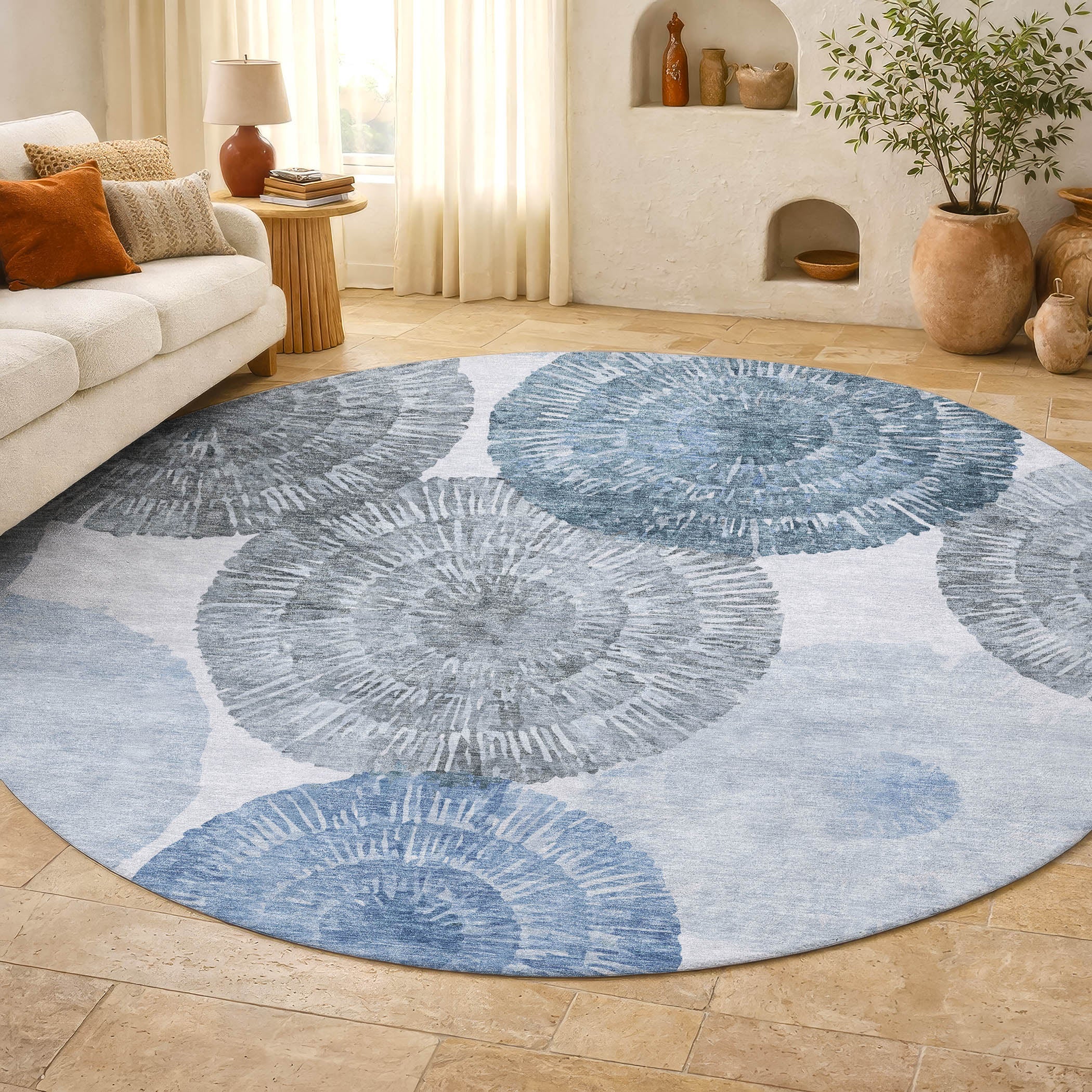 Vienna Machine Washable Transitional Denim Blue Rug 8' x 8' #shape_Round