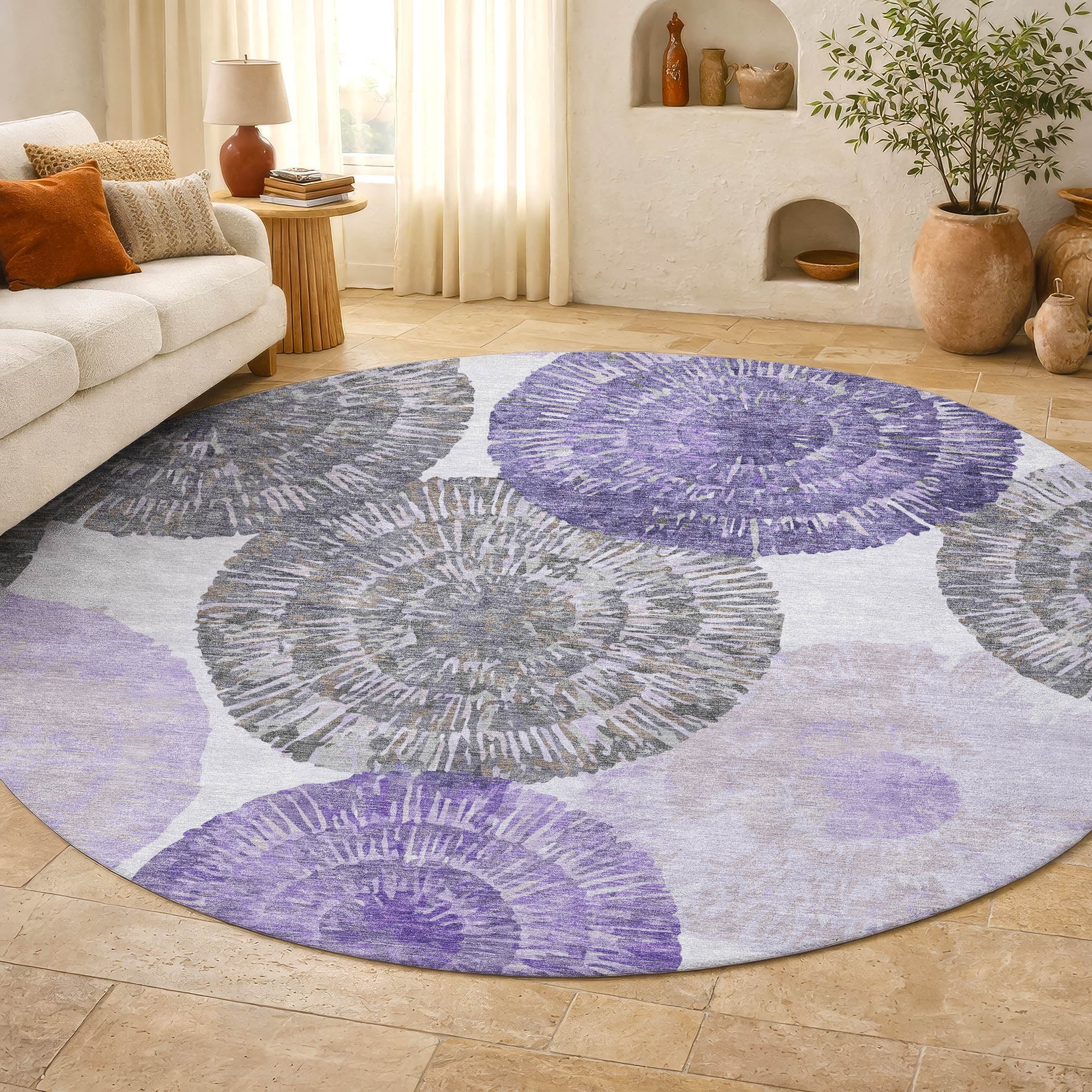 Vienna Machine Washable Transitional Plum Purple Rug 8' x 8' #shape_Round