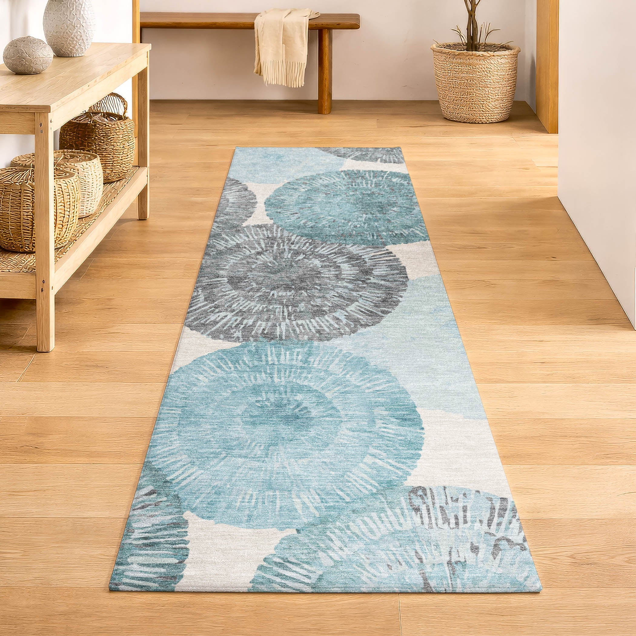 Vienna Machine Washable Transitional Teal Rug 2'3" x 7'6" #shape_Runner