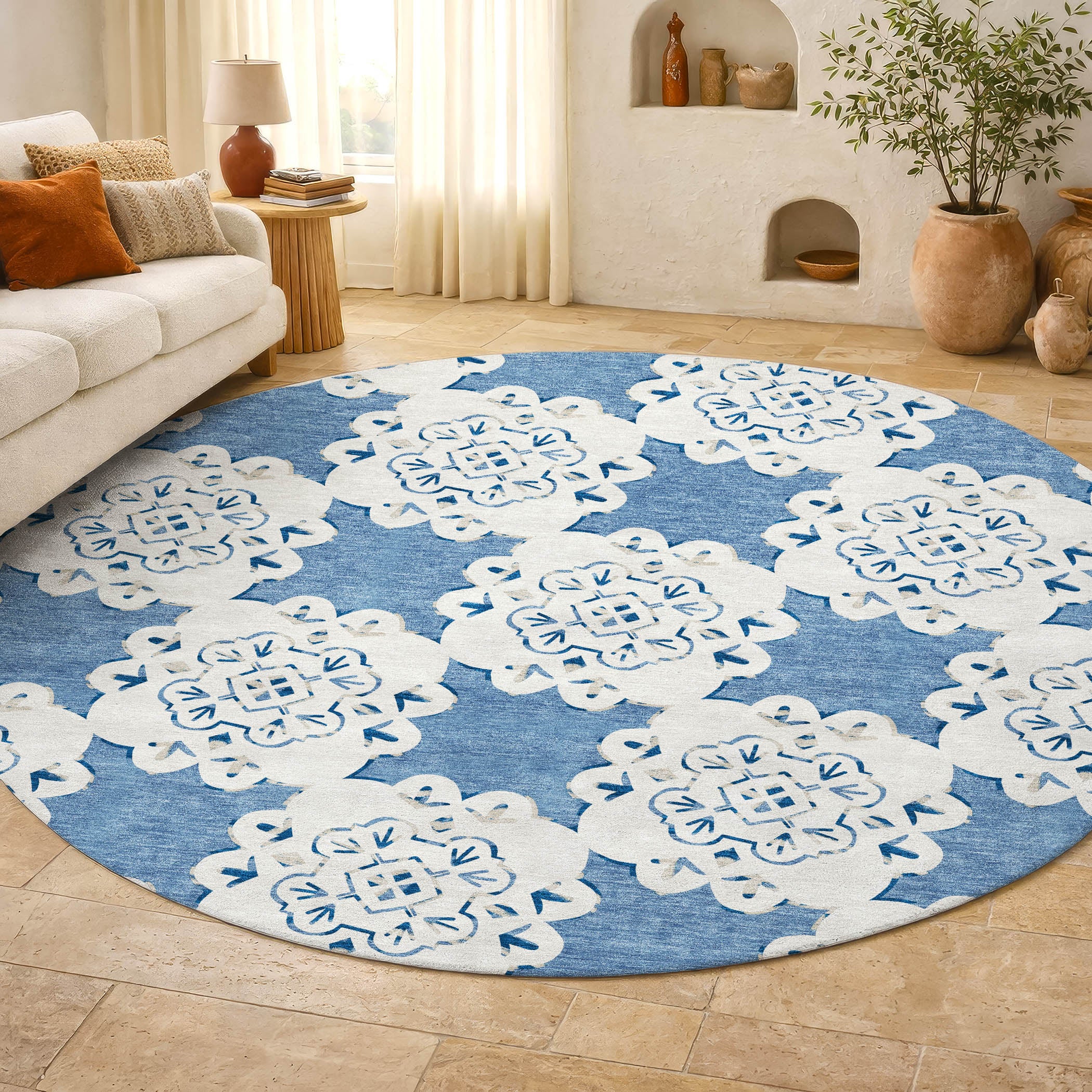 Mostar Machine Washable Transitional Blue Rug 8' x 8' #shape_Round