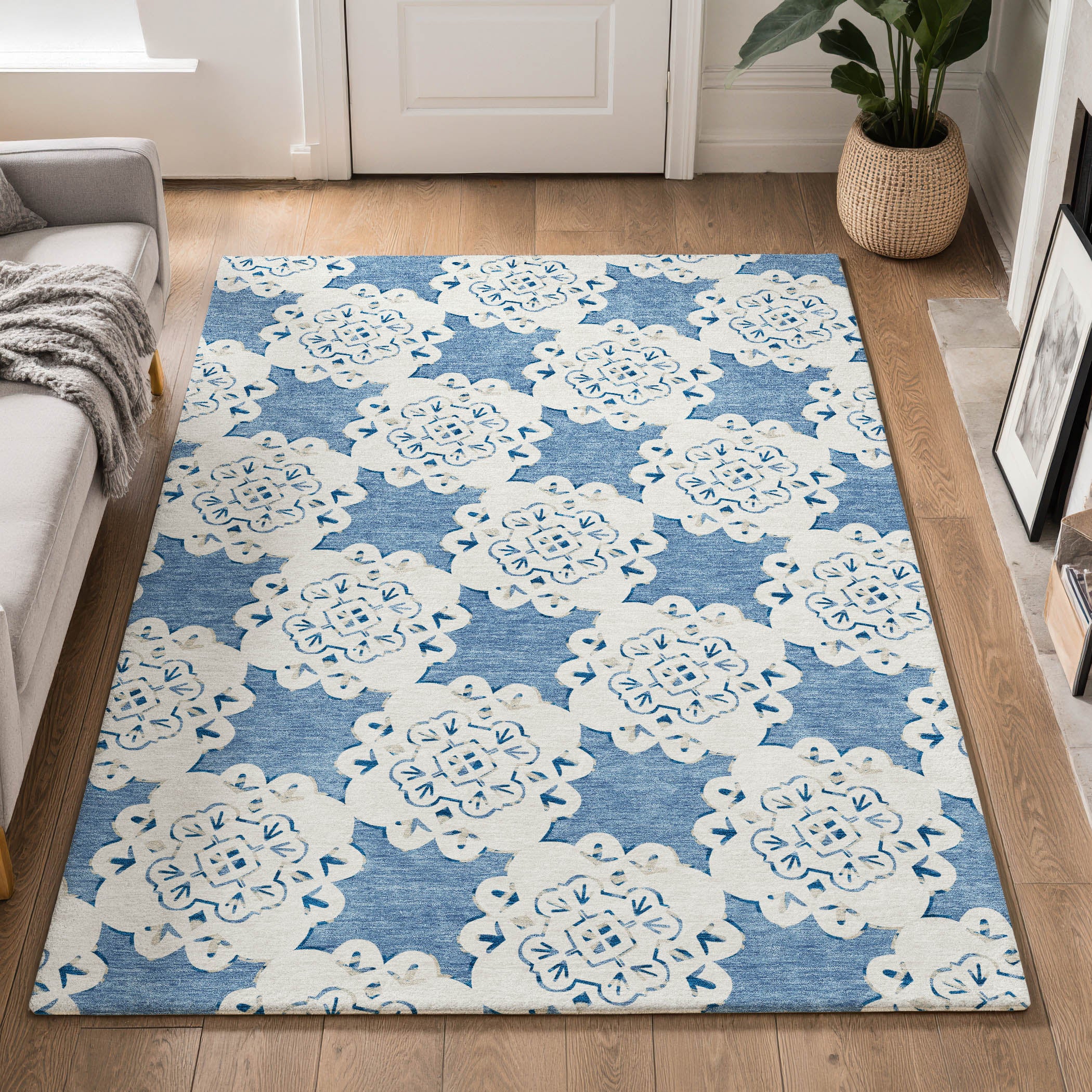 Mostar Machine Washable Transitional Blue Rug 3' x 5' #shape_Rectangle