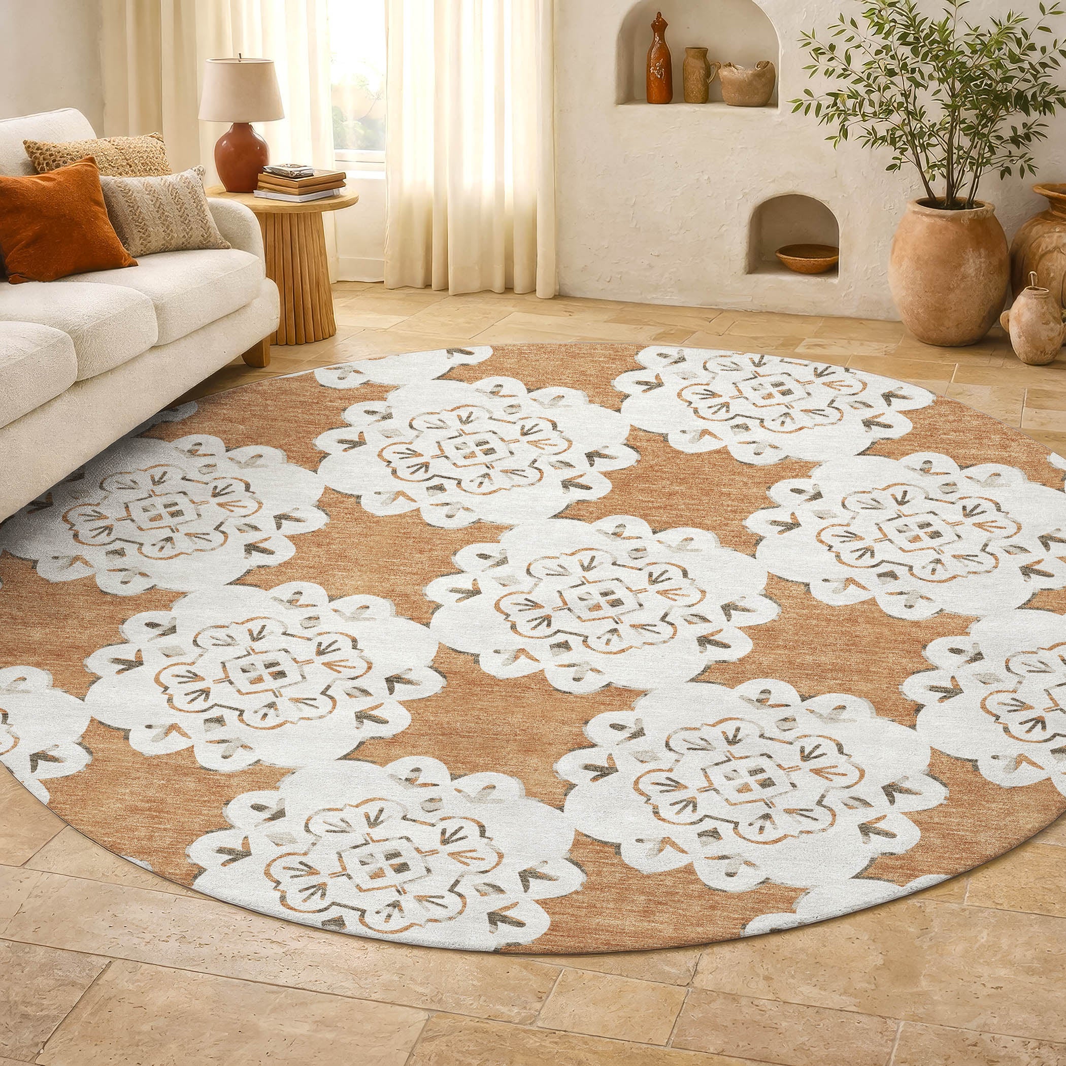 Mostar Machine Washable Transitional Copper Orange Rug 8' x 8' #shape_Round