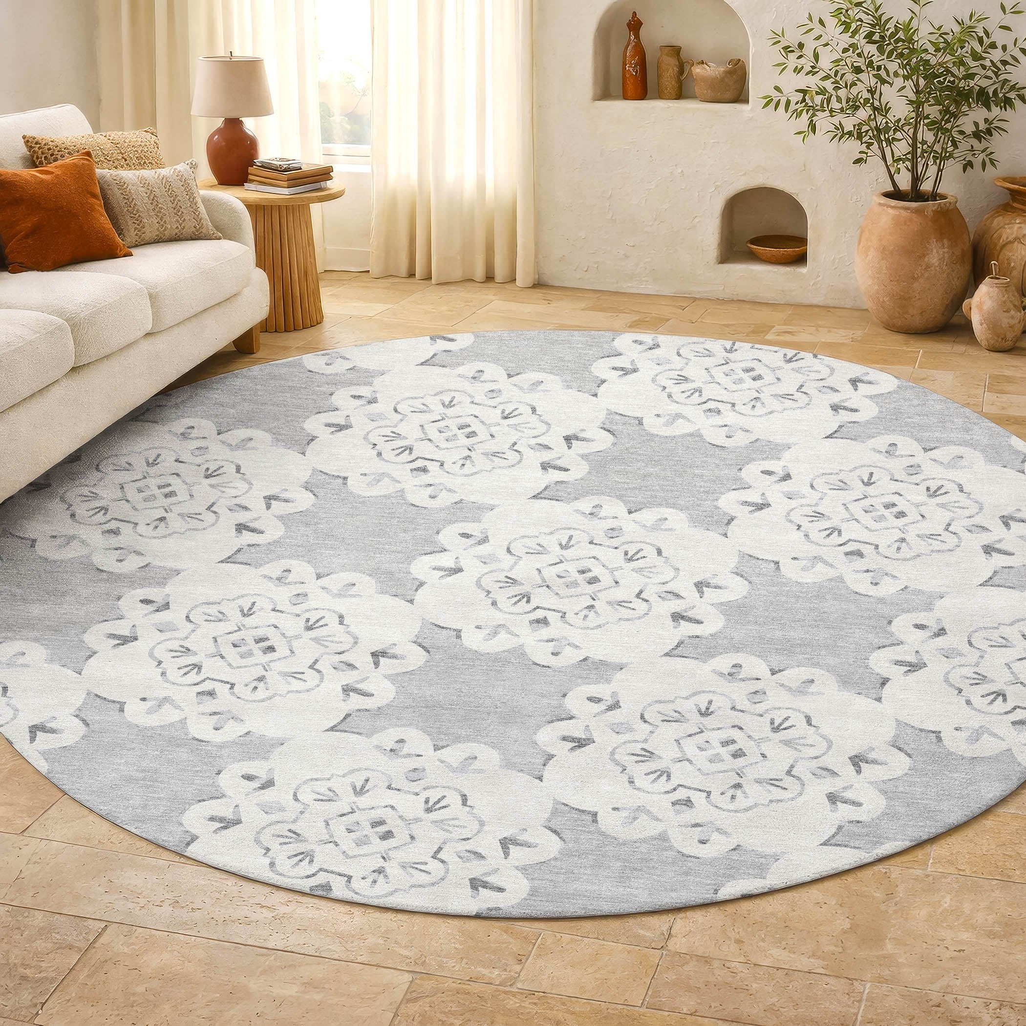 Mostar Machine Washable Transitional Gray Rug 8' x 8' #shape_Round