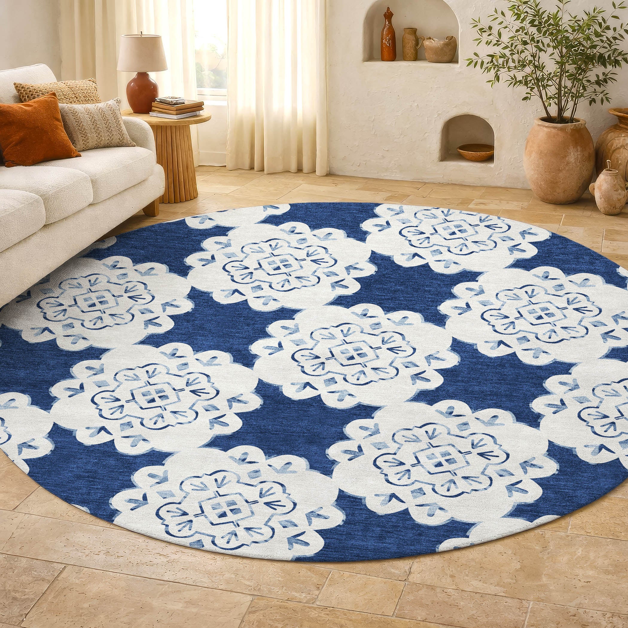 Mostar Machine Washable Transitional Navy Blue Rug 8' x 8' #shape_Round