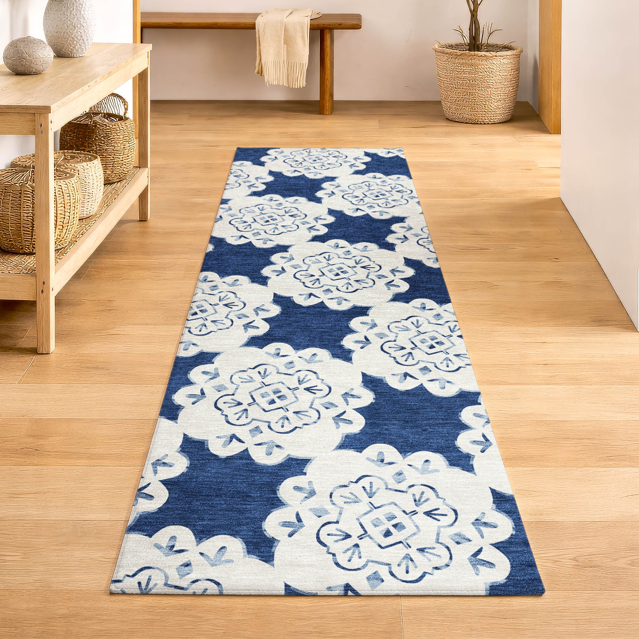 Mostar Machine Washable Transitional Navy Blue Rug 2'3" x 7'6" #shape_Runner
