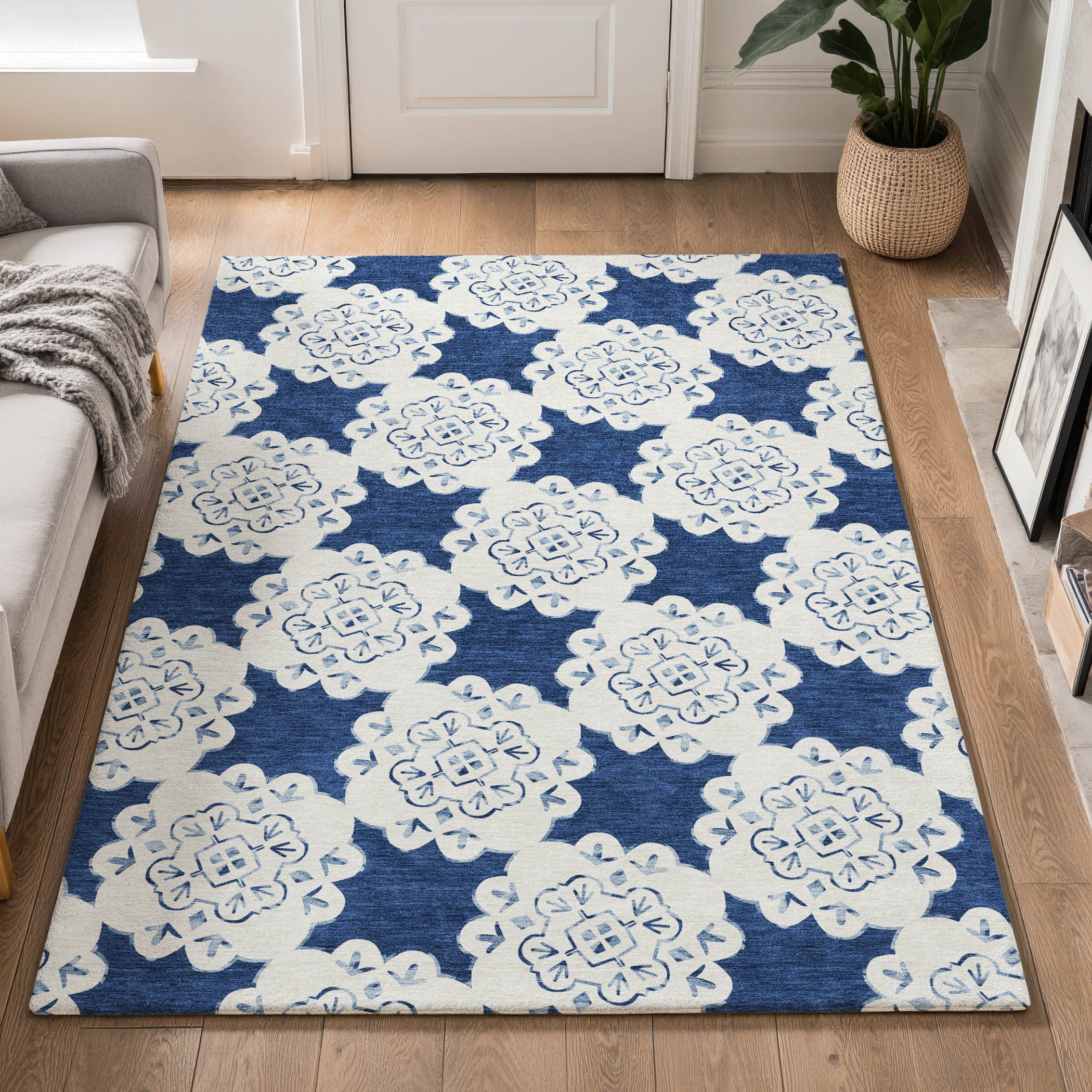 Mostar Machine Washable Transitional Navy Blue Rug 3' x 5' #shape_Rectangle