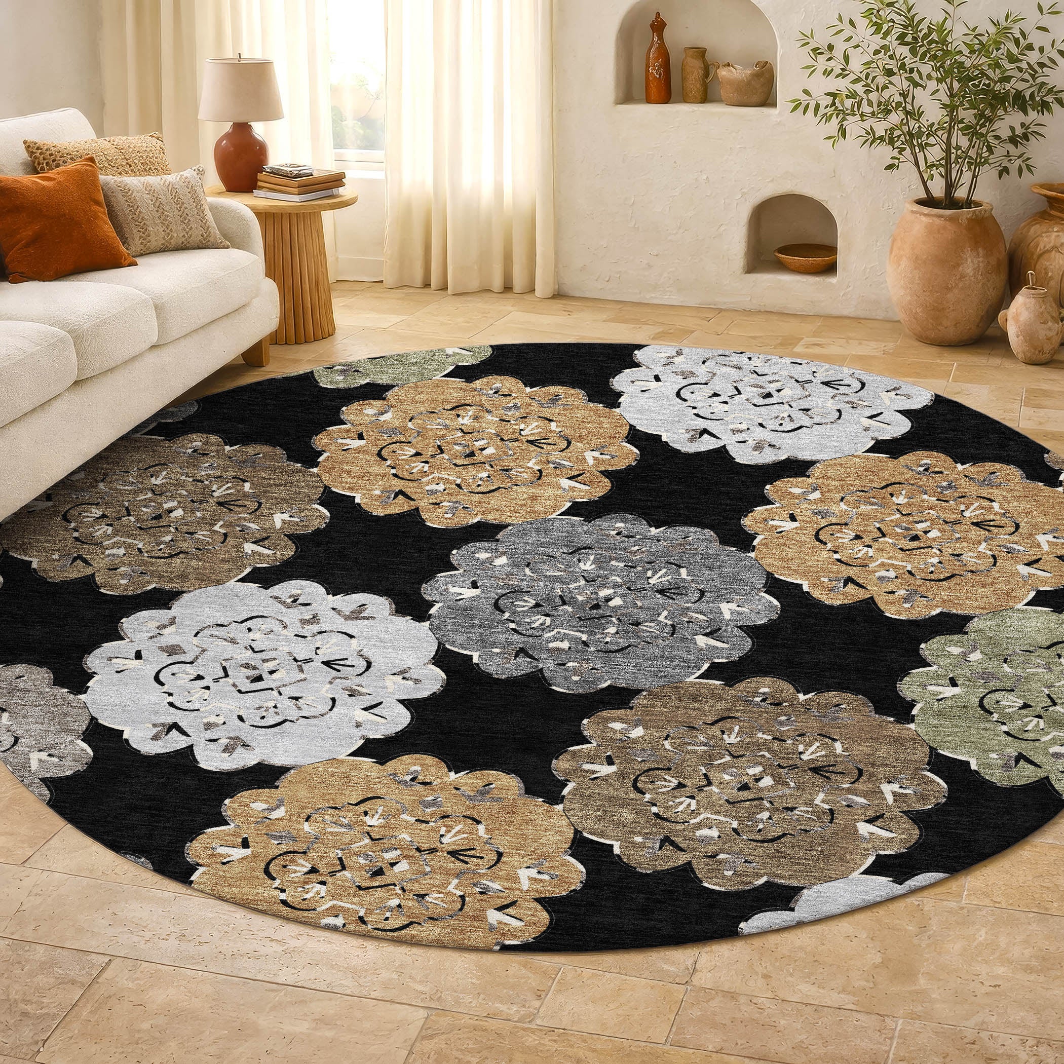 Bern Machine Washable Transitional Black Rug 8' x 8' #shape_Round