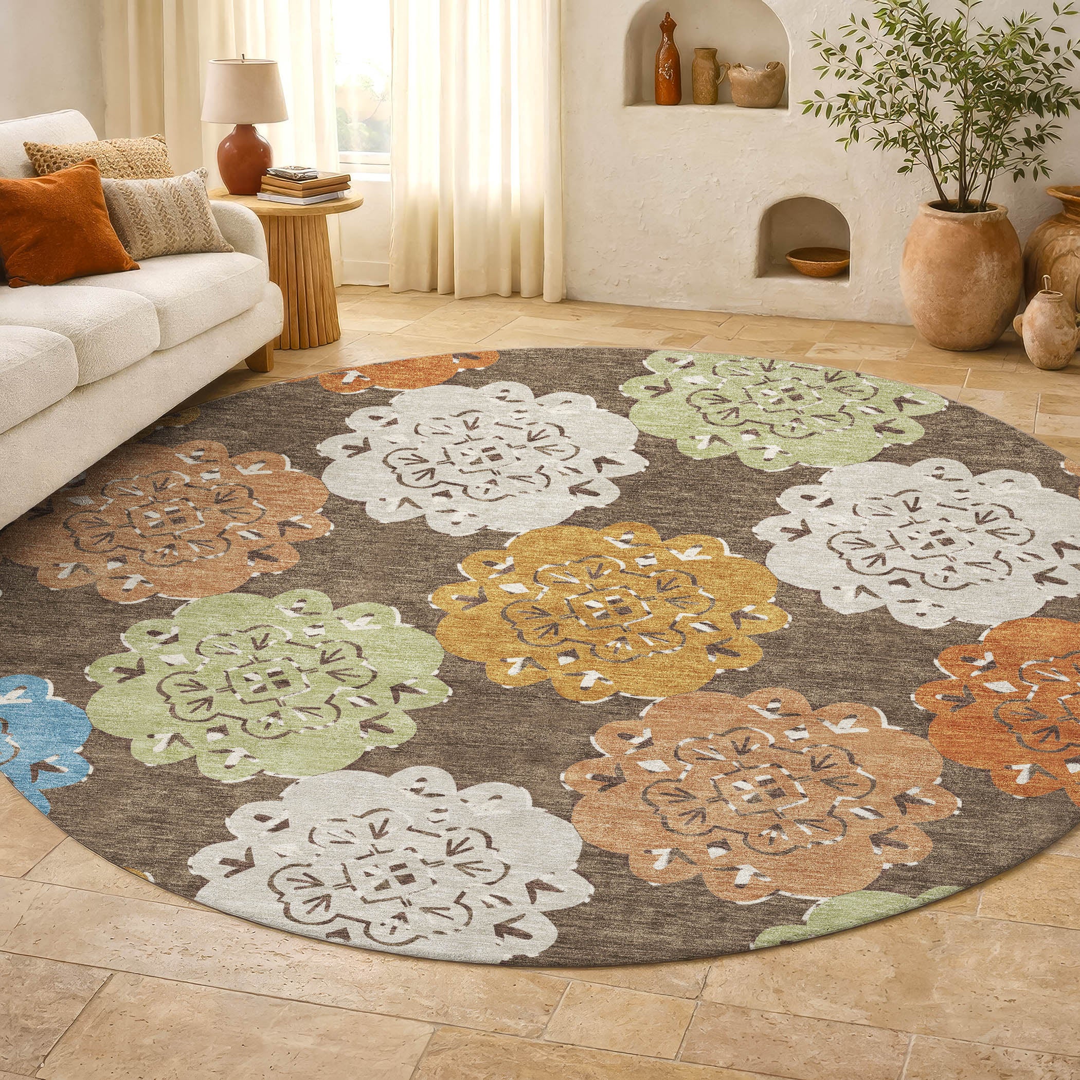 Bern Machine Washable Transitional Chocolate Brown Rug 8' x 8' #shape_Round