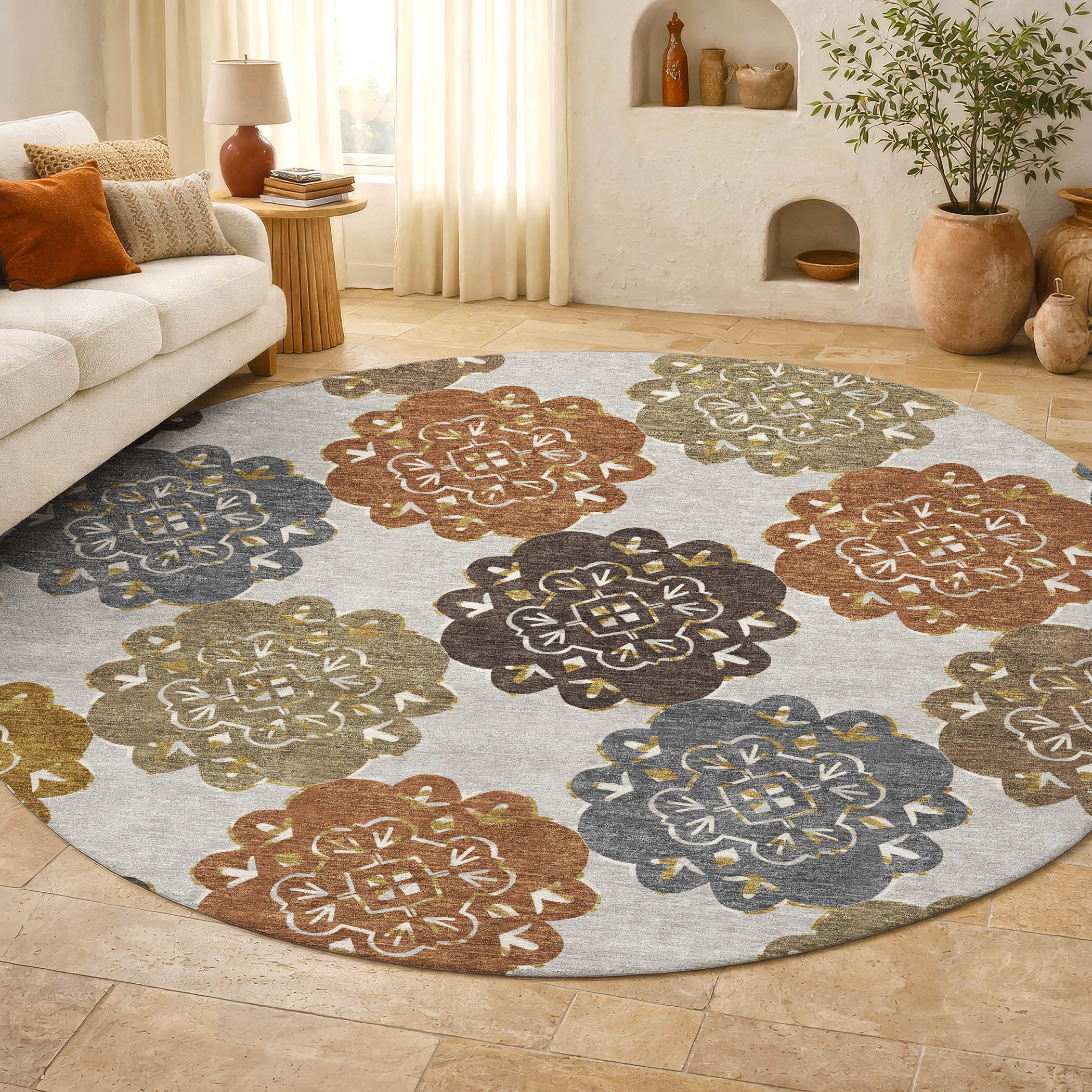 Bern Machine Washable Transitional Earth Multi Rug 8' x 8' #shape_Round