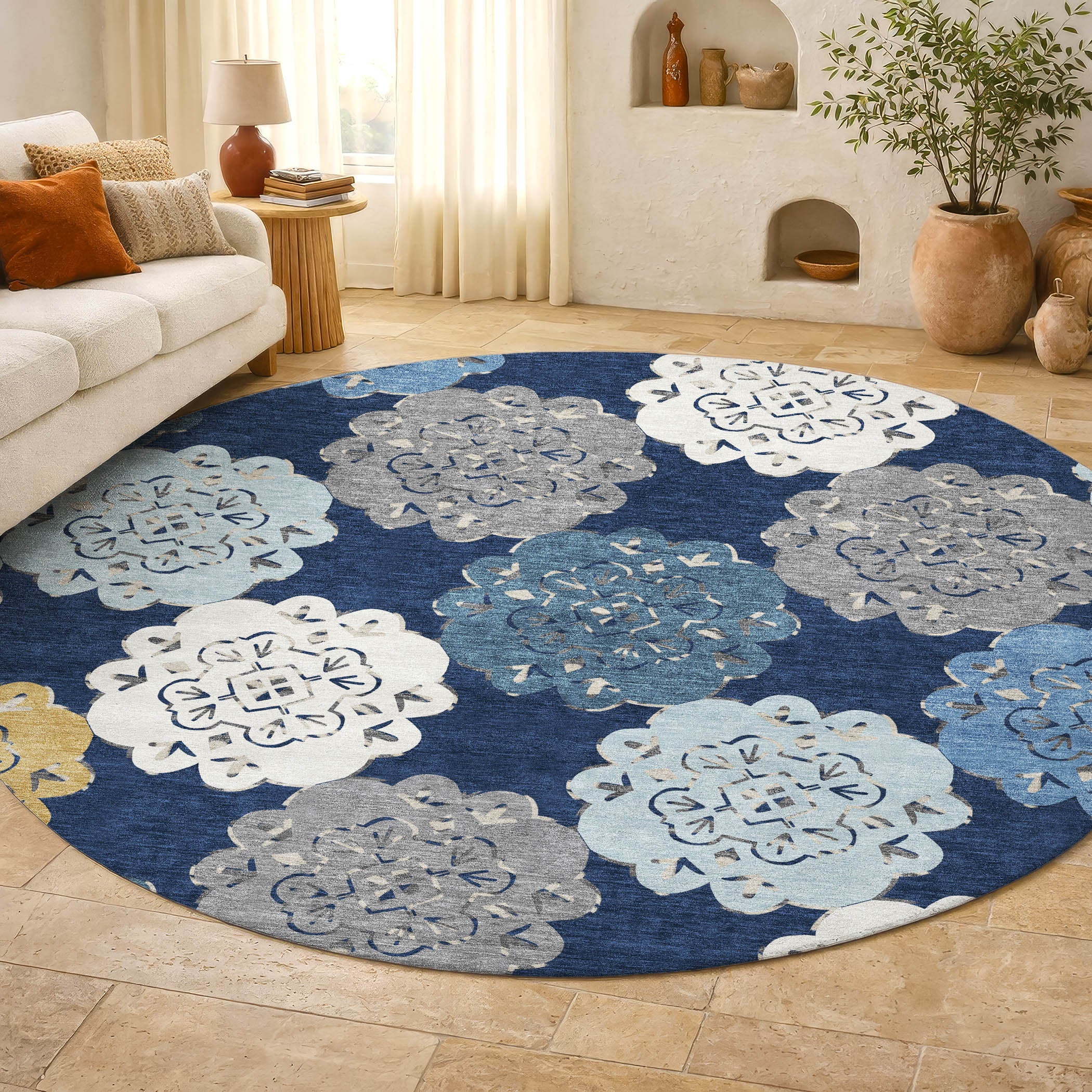 Bern Machine Washable Transitional Navy Blue Rug 8' x 8' #shape_Round