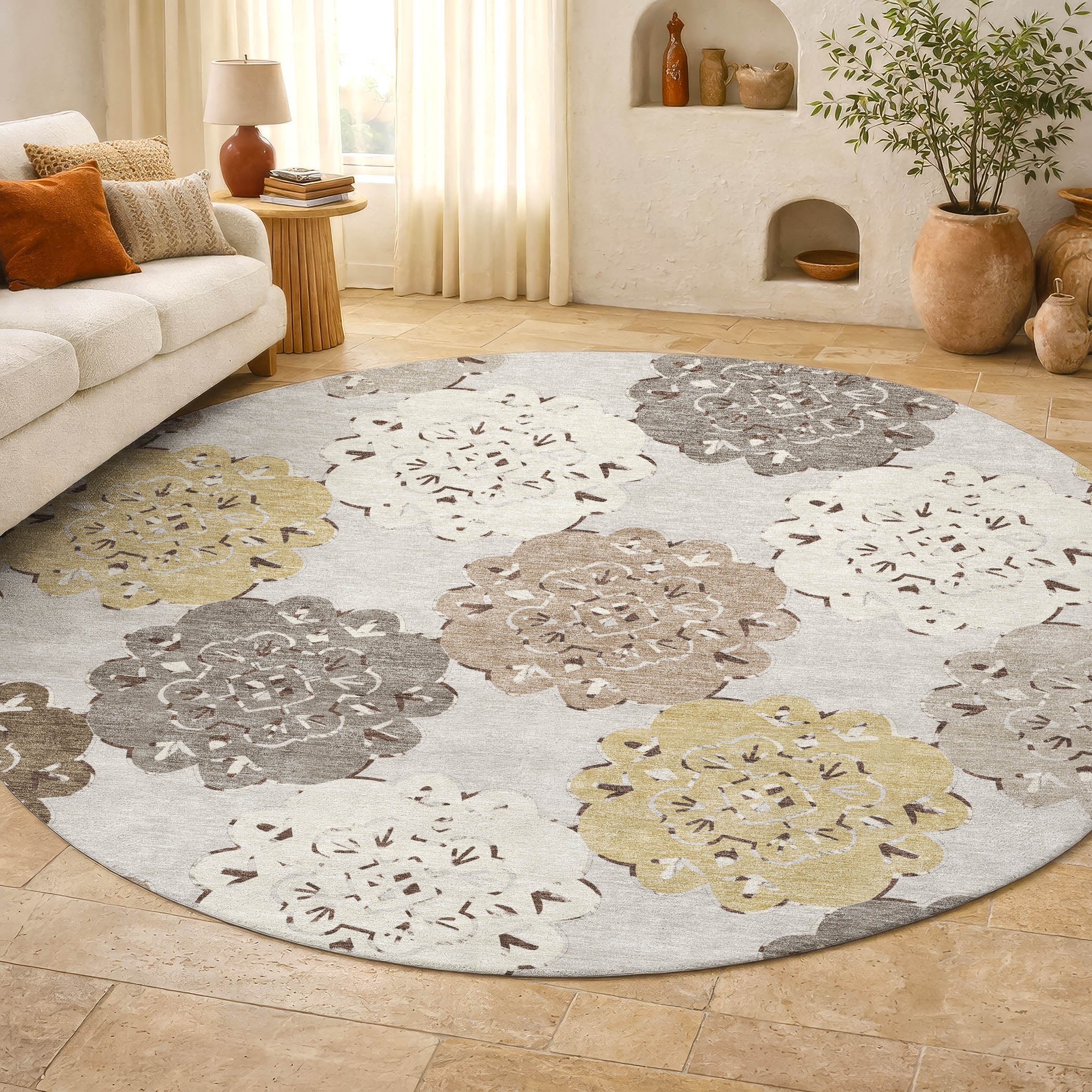 Bern Machine Washable Transitional Pearl Ivory Rug 8' x 8' #shape_Round