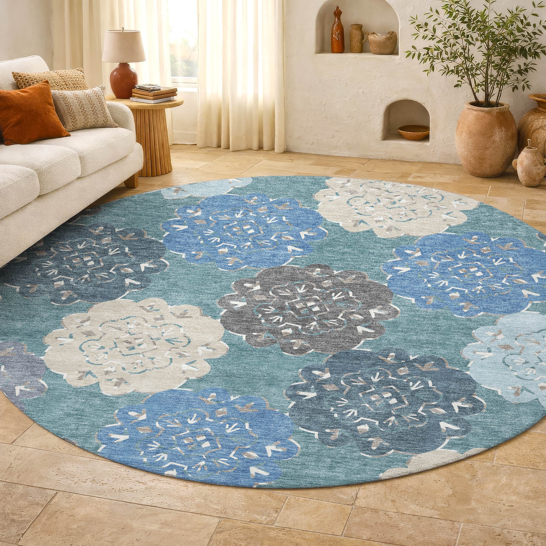 Bern Machine Washable Transitional Teal Rug 8' x 8' #shape_Round