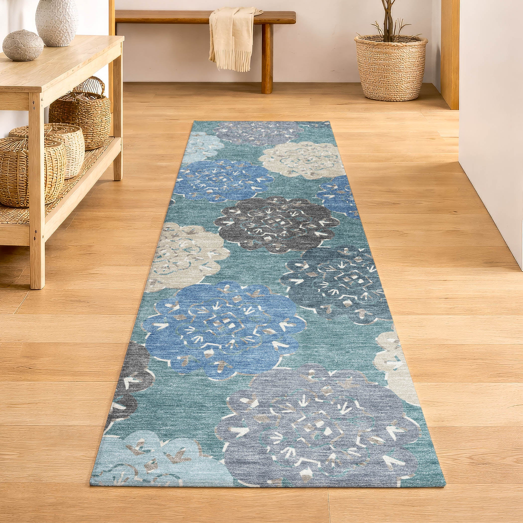 Bern Machine Washable Transitional Teal Rug 2'3" x 7'6" #shape_Runner