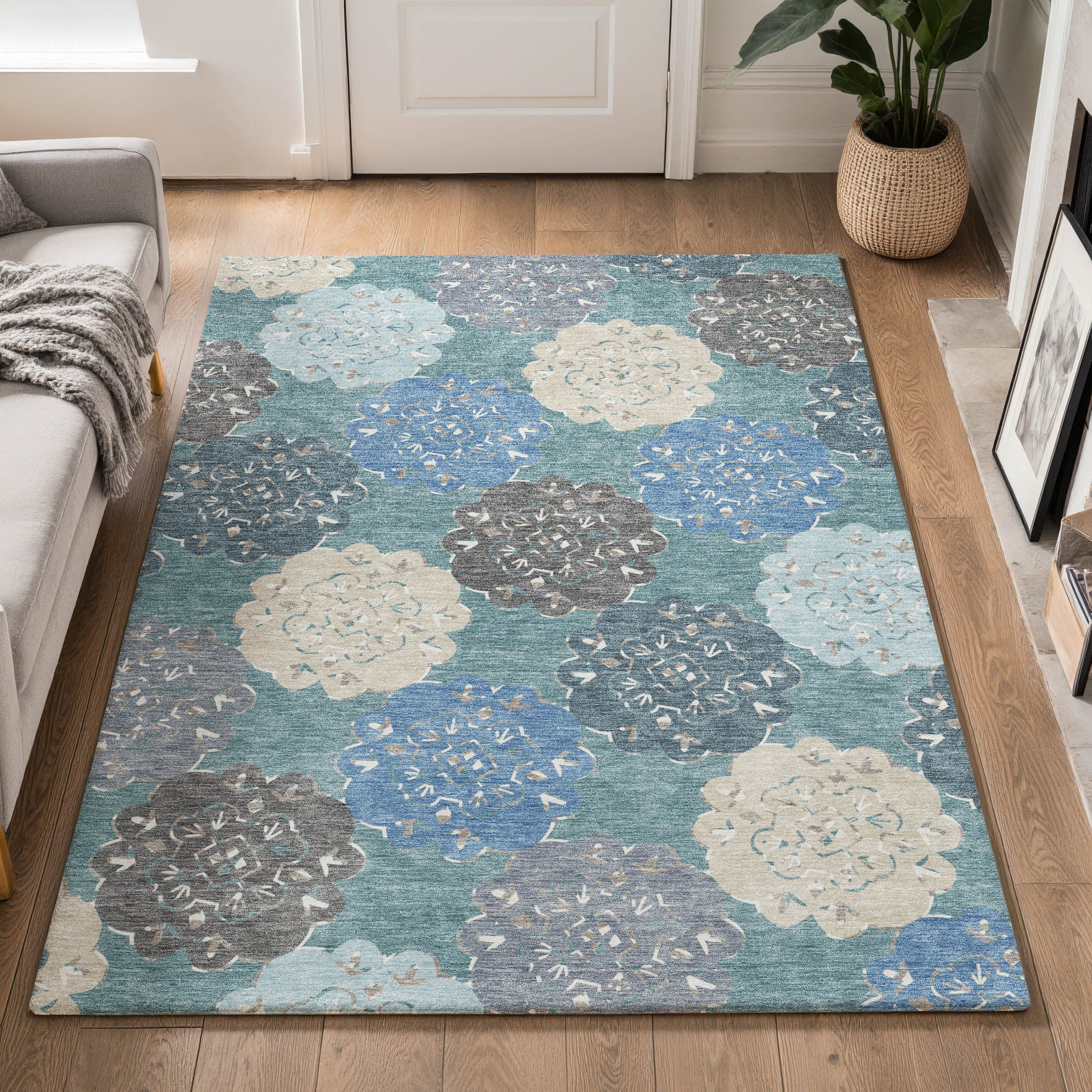 Bern Machine Washable Transitional Teal Rug 3' x 5' #shape_Rectangle