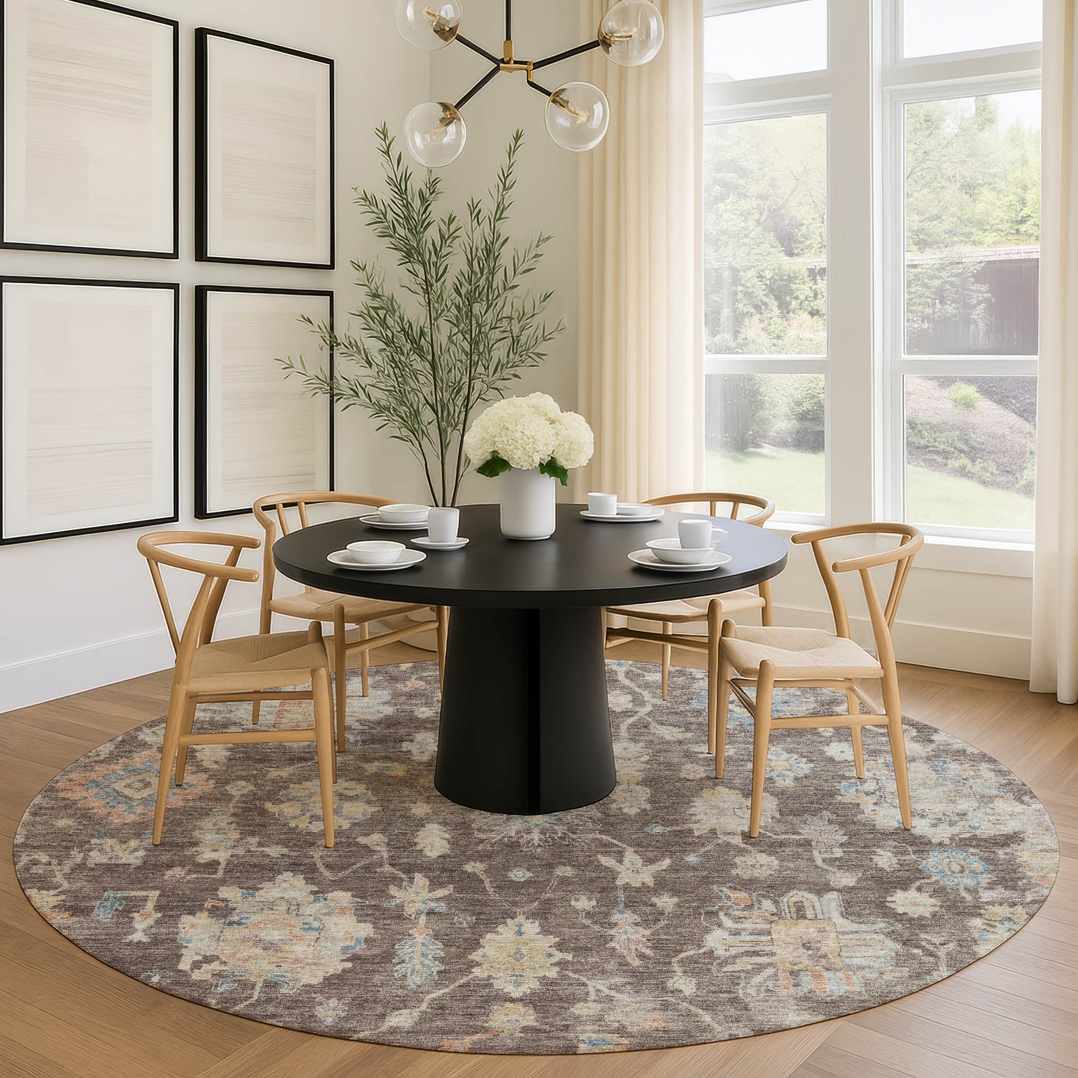 Seville Machine Washable Transitional Chocolate Brown Rug 8' x 8' #shape_Round