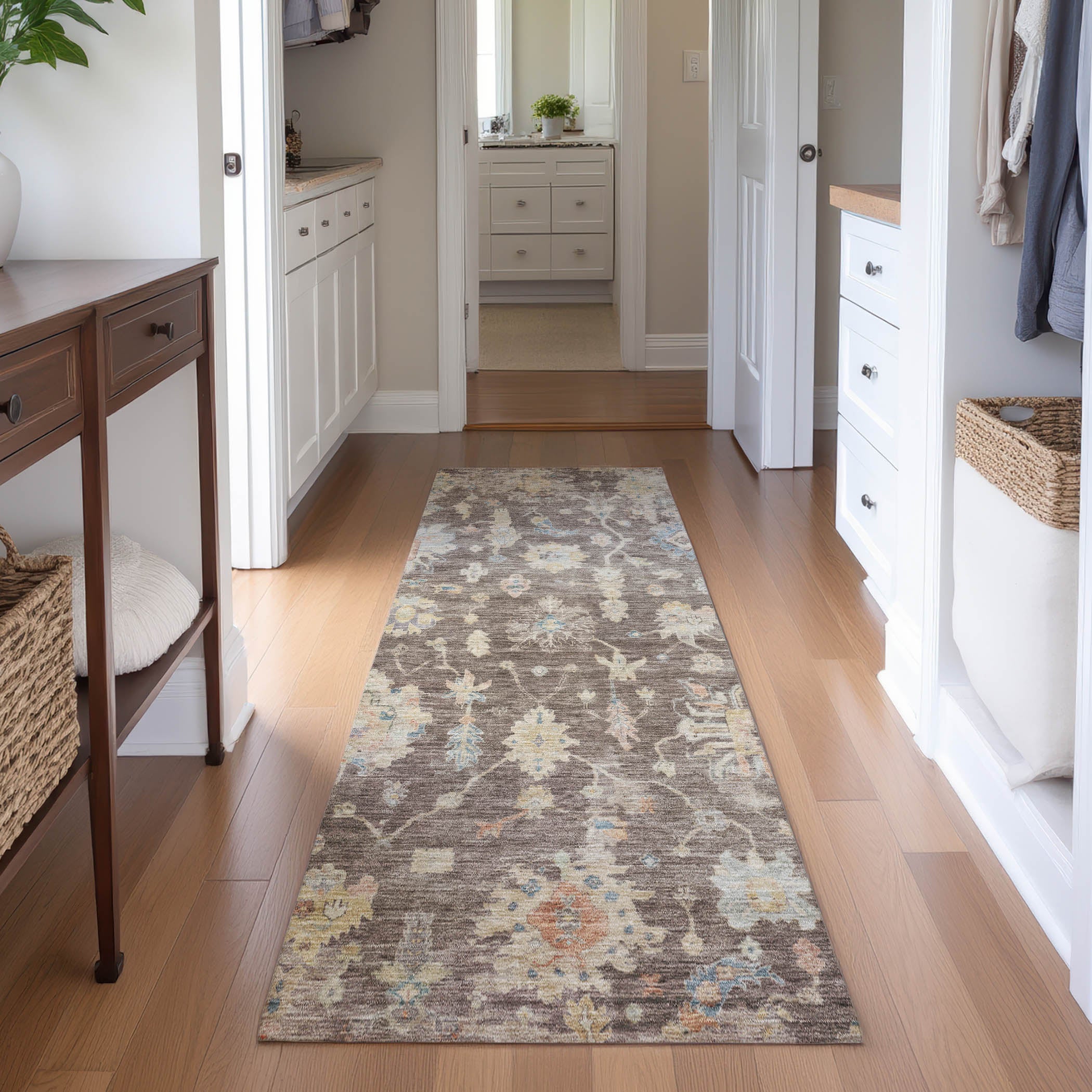 Seville Machine Washable Transitional Chocolate Brown Rug 2'3" x 7'6" #shape_Runner