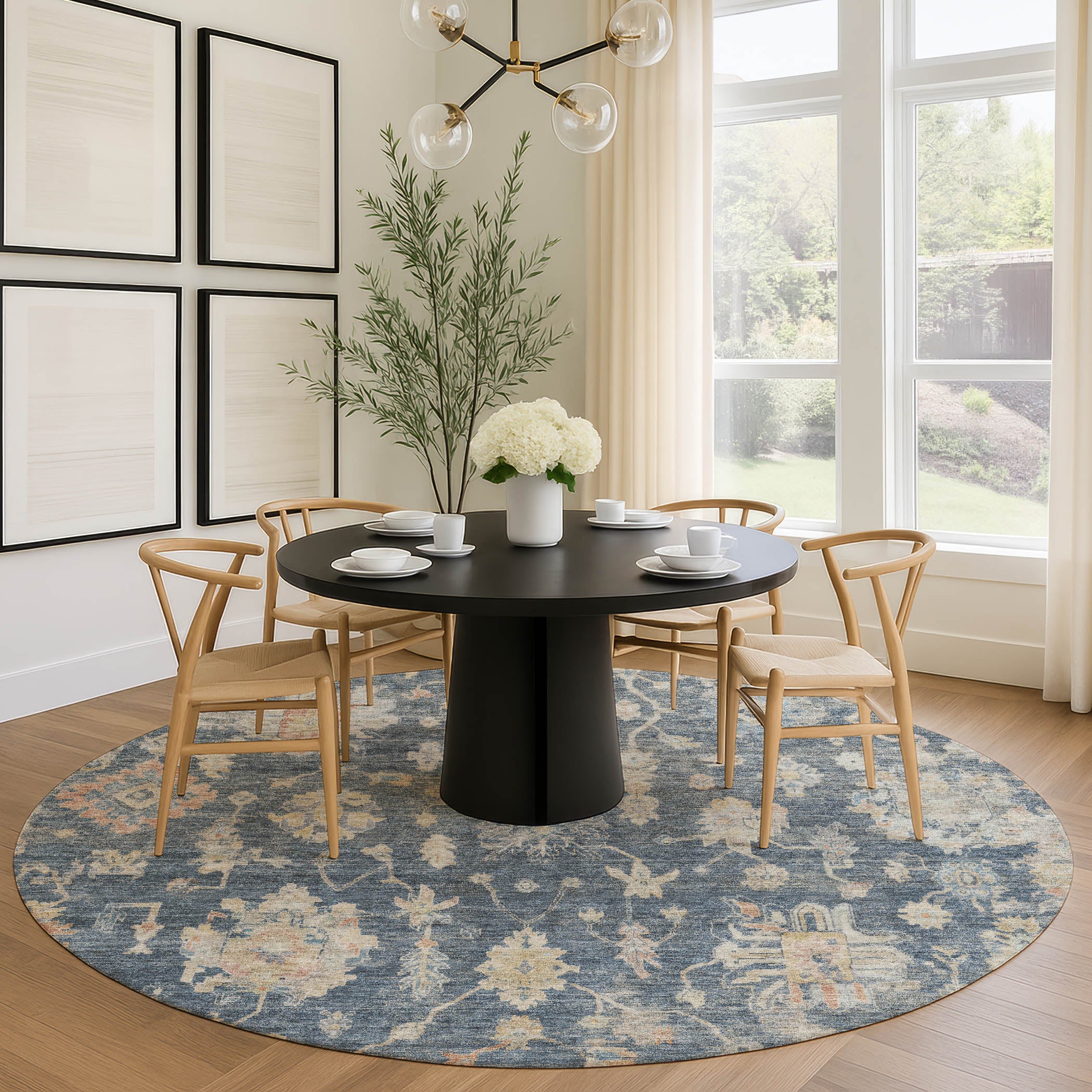 Seville Machine Washable Transitional Navy Blue Rug 8' x 8' #shape_Round