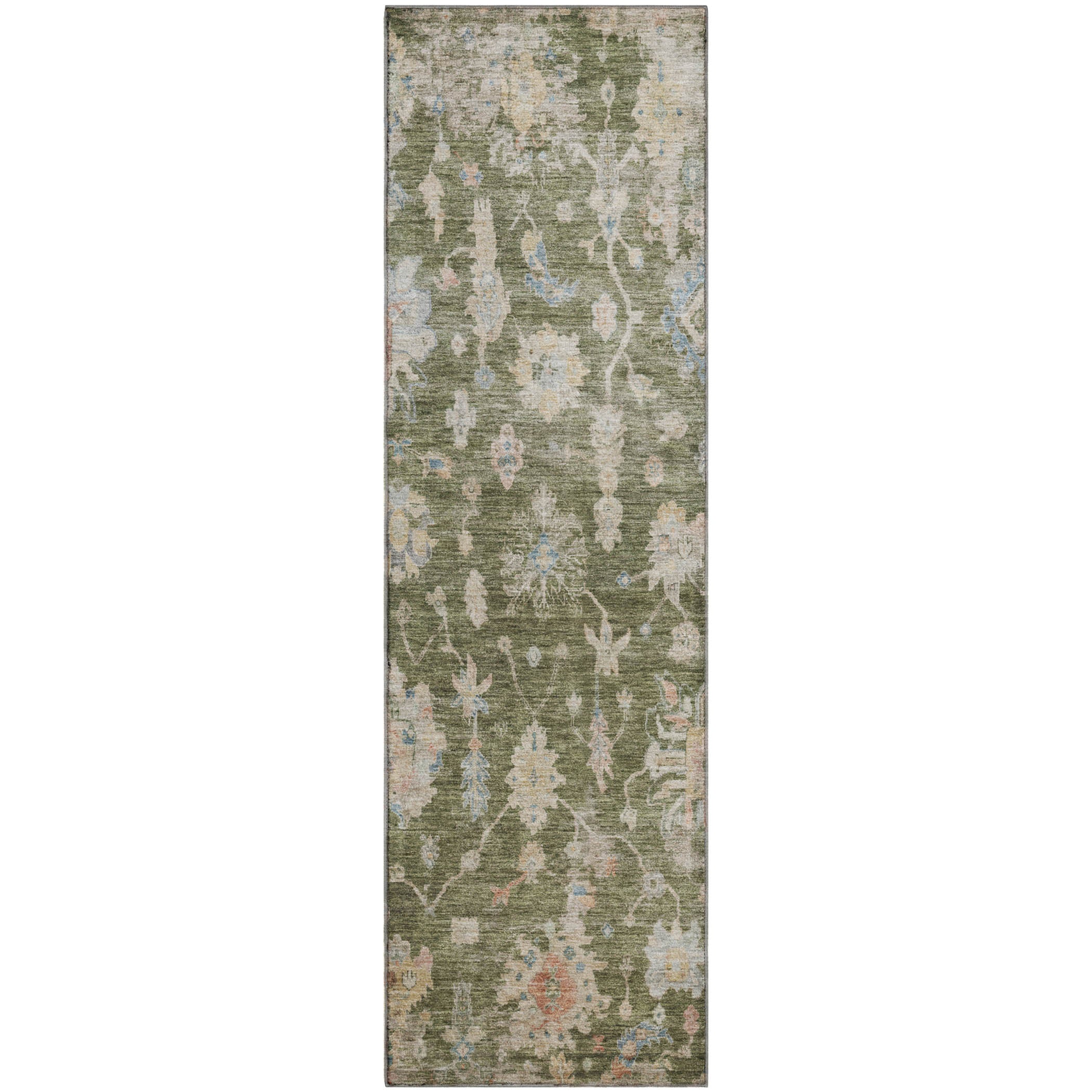 Seville Machine Washable Transitional Olive Green Rug 2'3" x 7'6" #shape_Runner