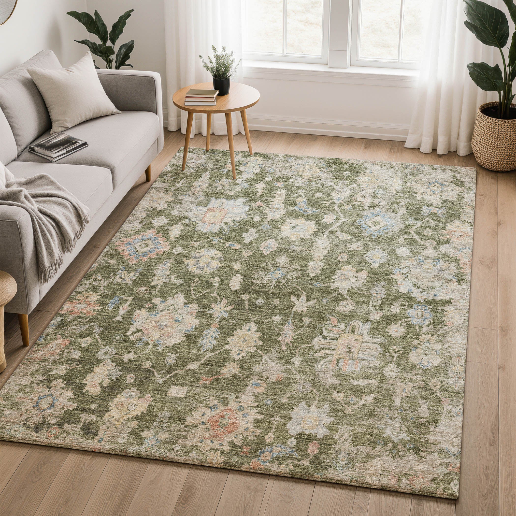 Seville Machine Washable Transitional Olive Green Rug 3' x 5' #shape_Rectangle