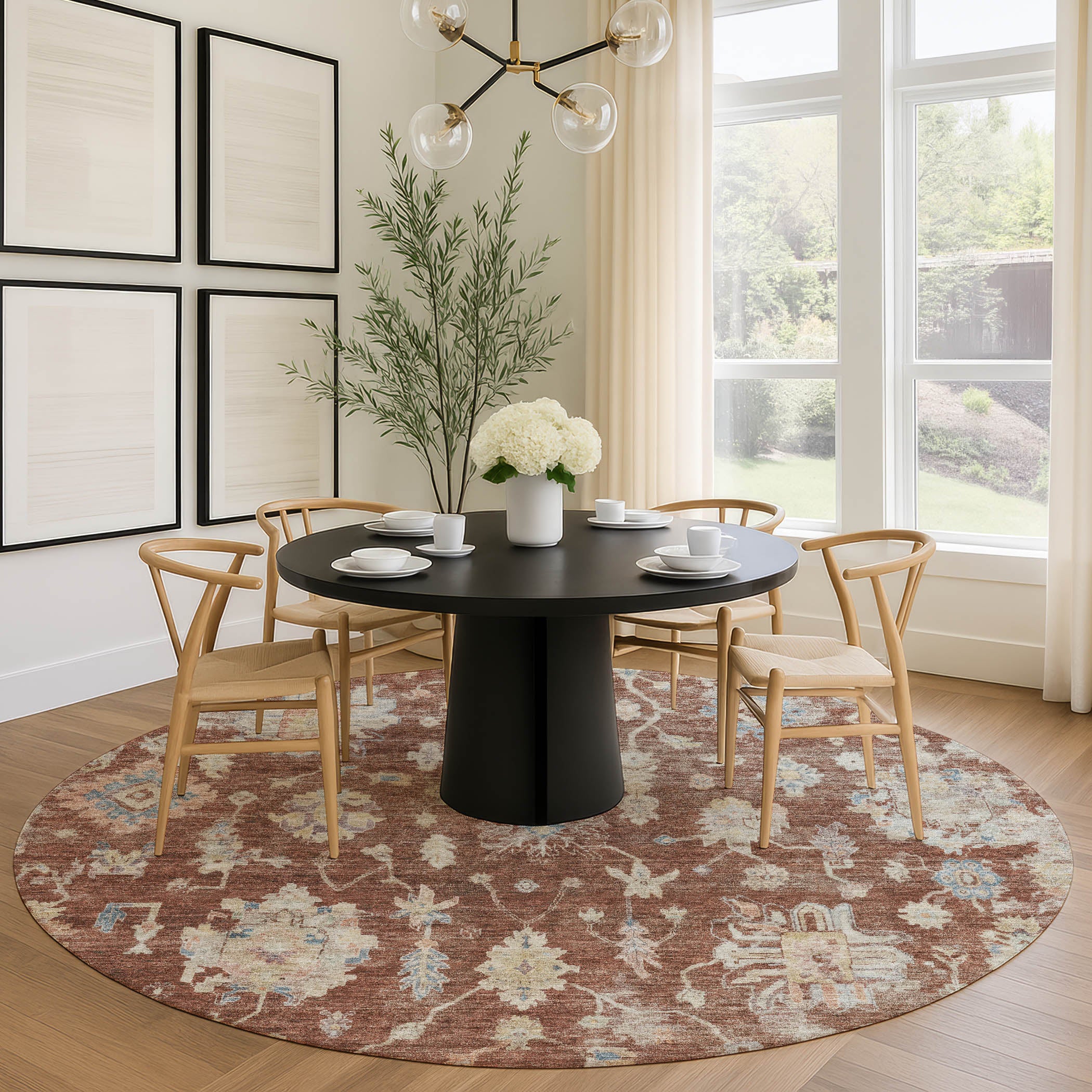 Seville Machine Washable Transitional Paprika Orange Rug 8' x 8' #shape_Round