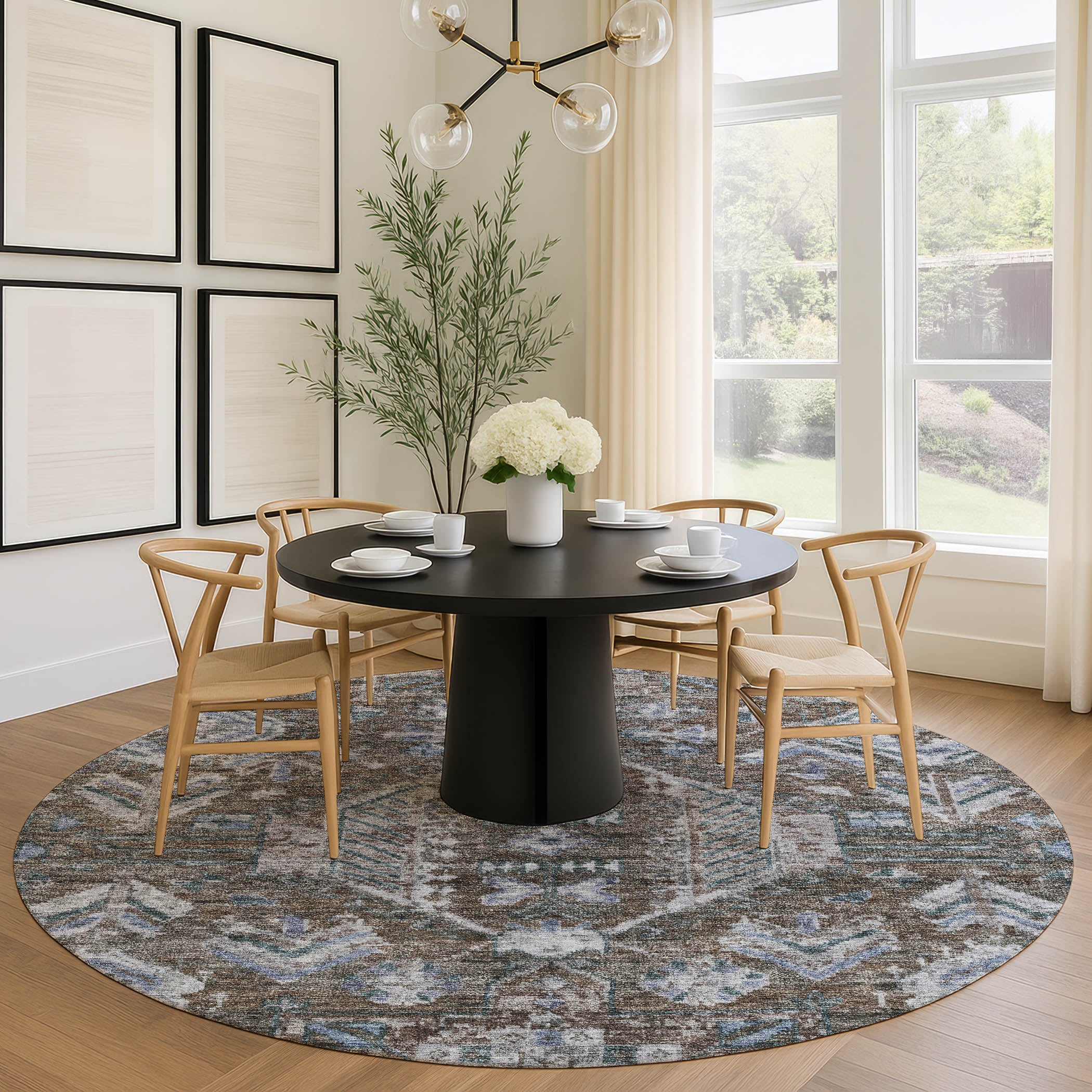 Hoi An Machine Washable Transitional Chocolate Brown Rug 8' x 8' #shape_Round