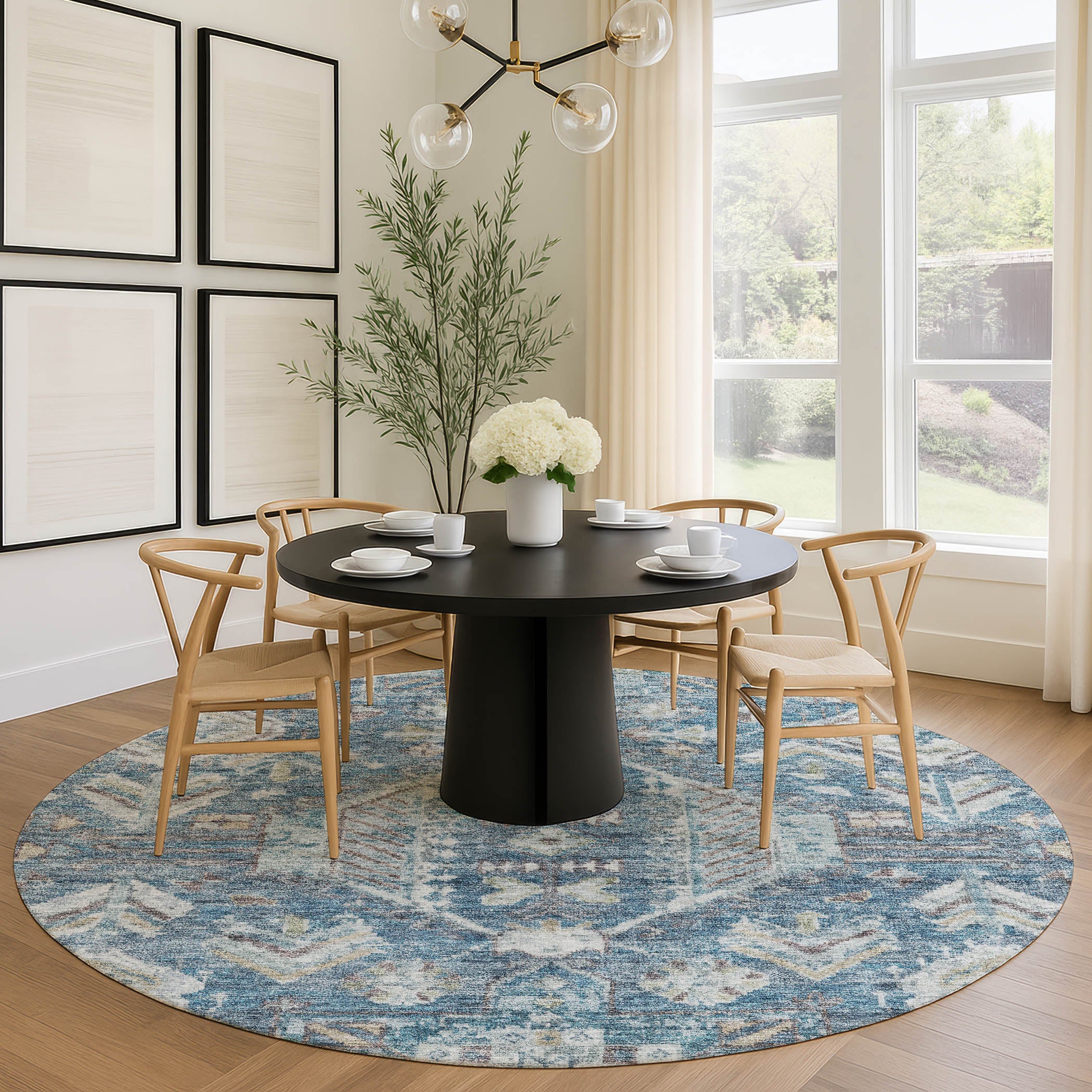 Hoi An Machine Washable Transitional Denim Blue Rug 8' x 8' #shape_Round