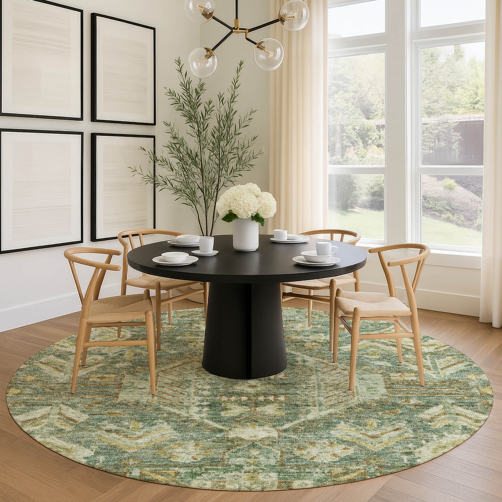 Hoi An Machine Washable Transitional Fern Green Rug 8' x 8' #shape_Round