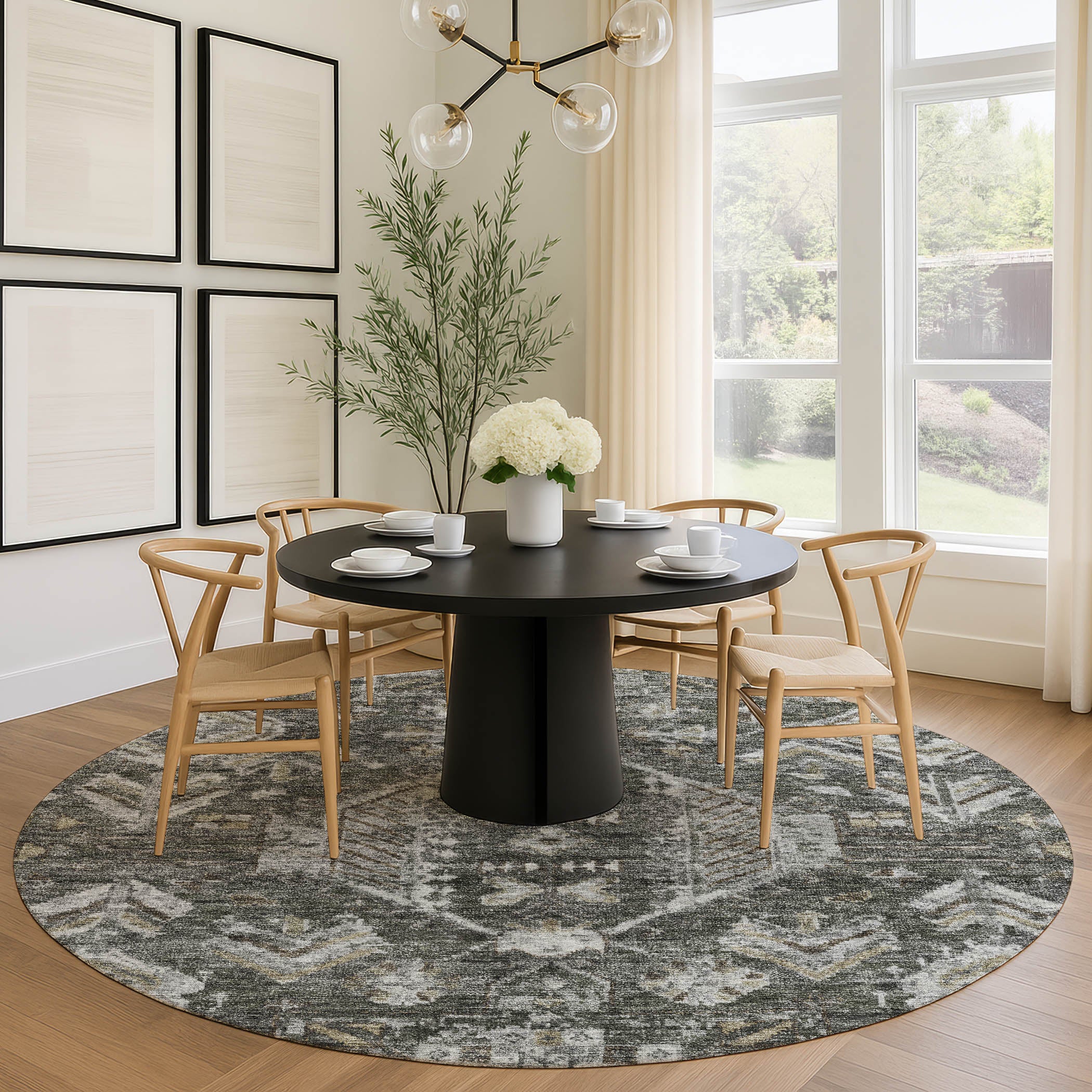 Hoi An Machine Washable Transitional Pewter Gray Rug 8' x 8' #shape_Round