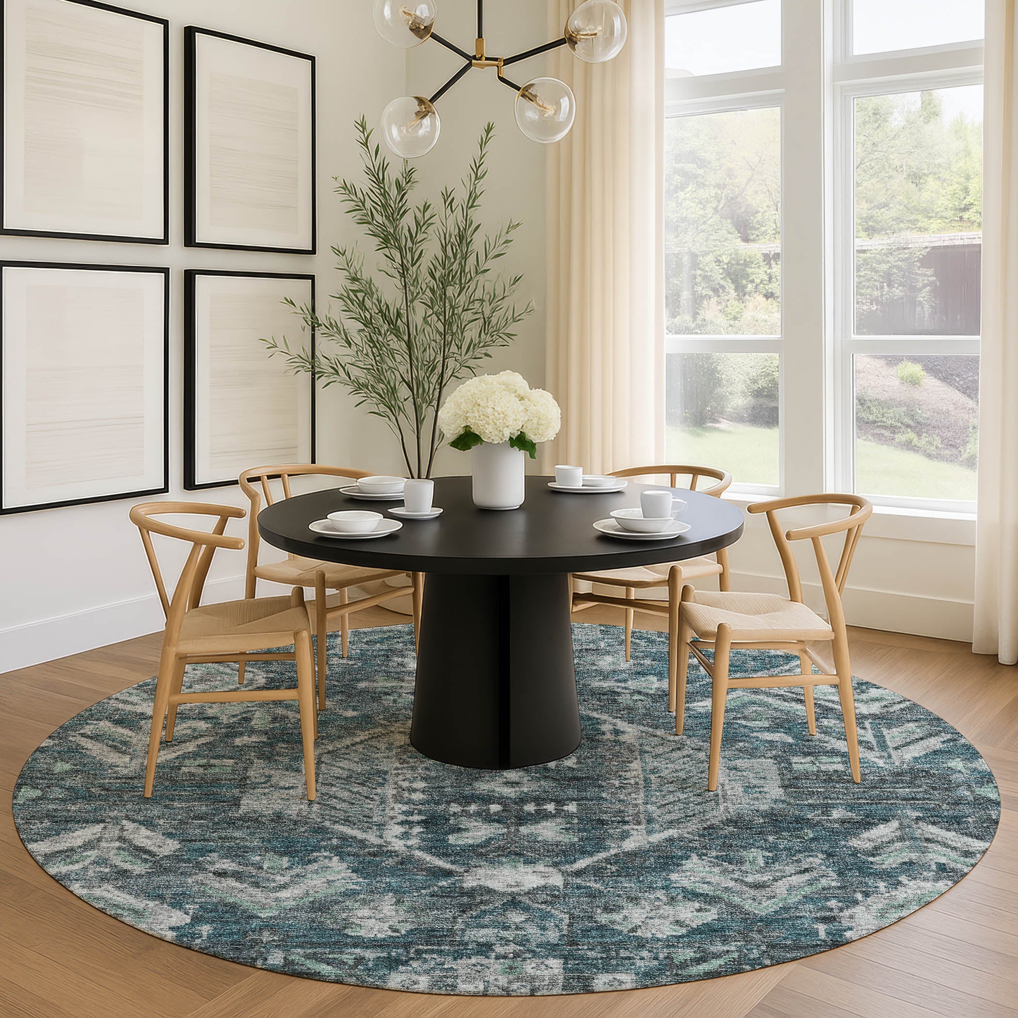 Hoi An Machine Washable Transitional Teal Rug 8' x 8' #shape_Round