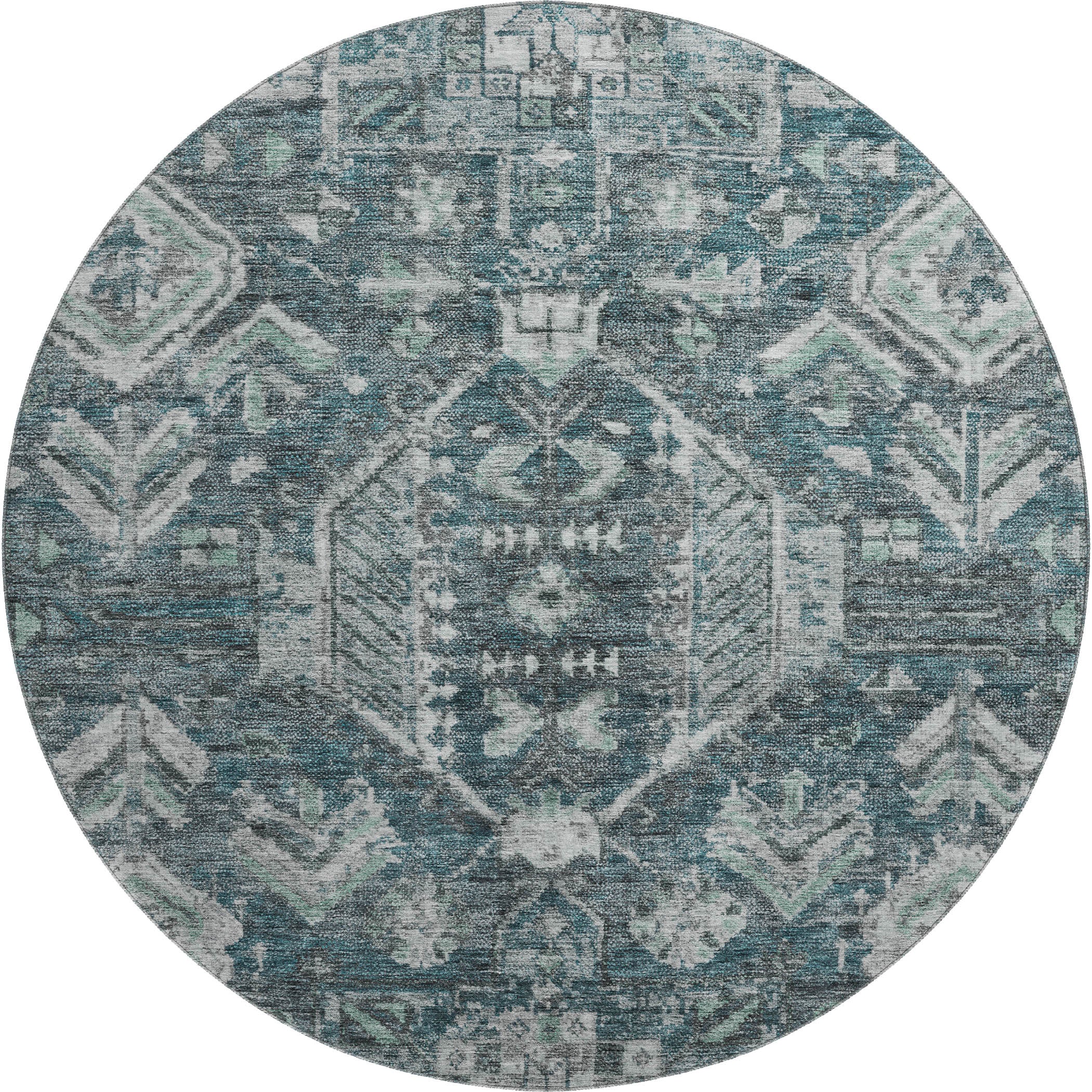 Hoi An Machine Washable Transitional Teal Rug 8' x 8' #shape_Round