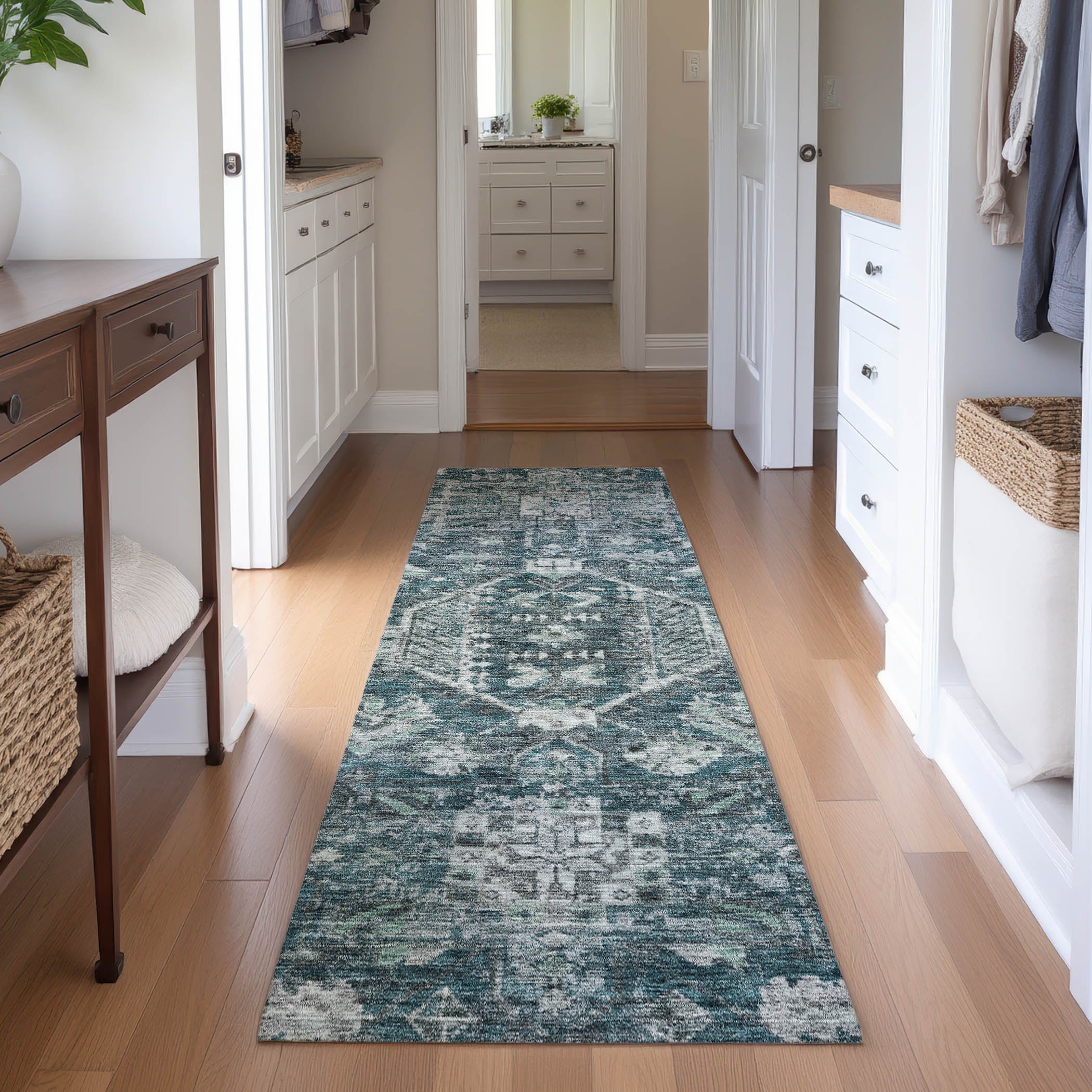 Hoi An Machine Washable Transitional Teal Rug 2'3" x 7'6" #shape_Runner