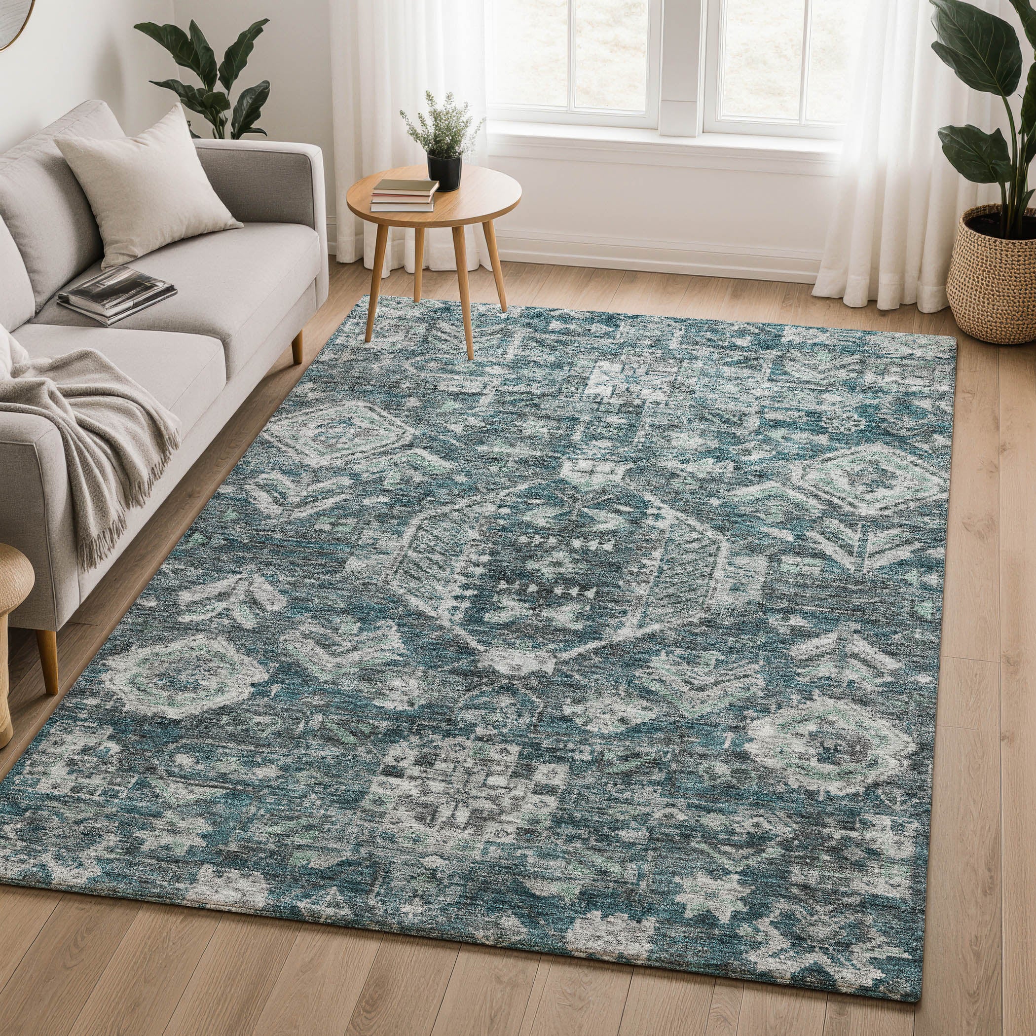 Hoi An Machine Washable Transitional Teal Rug 3' x 5' #shape_Rectangle