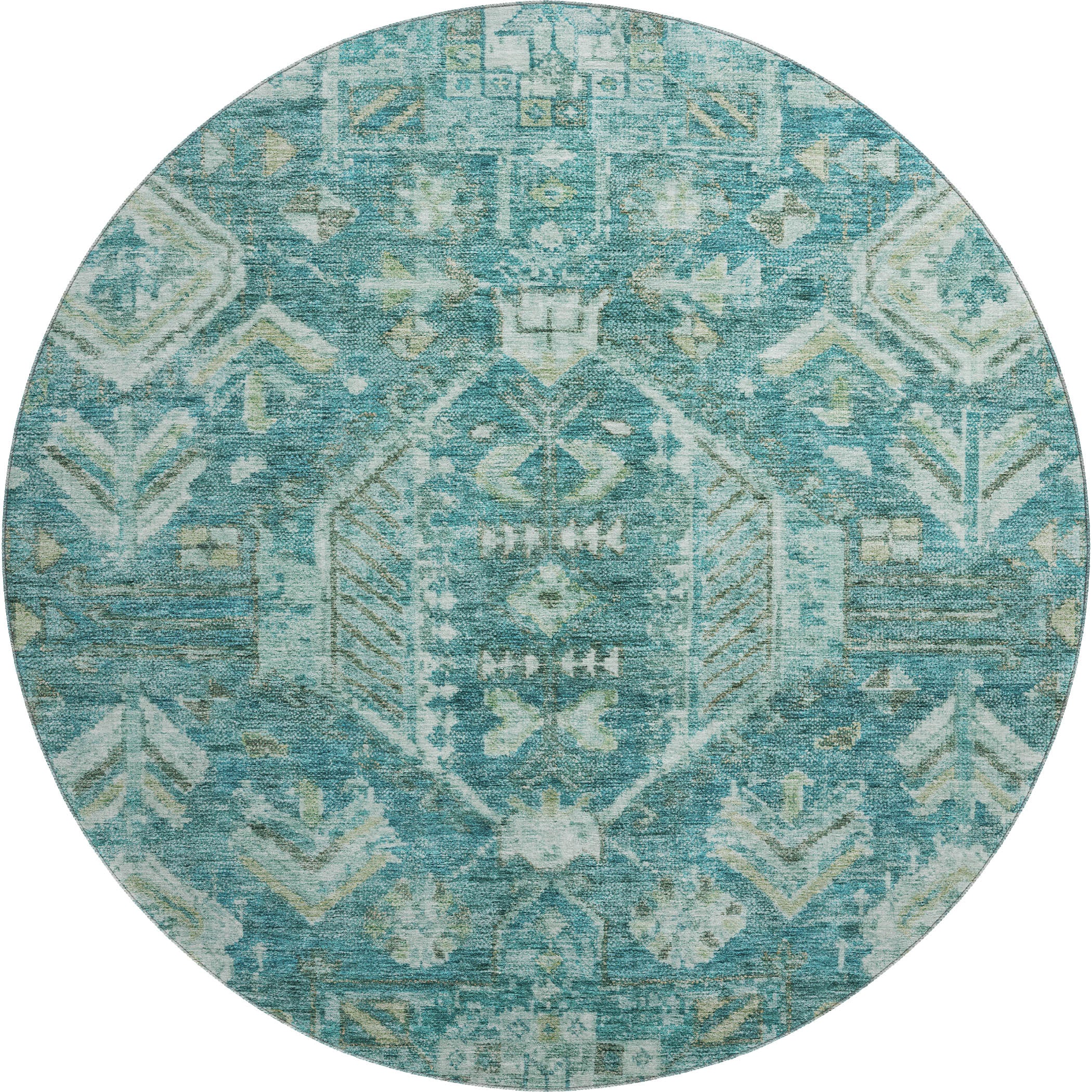 Hoi An Machine Washable Traditional Turquoise Teal Rug 8' x 8' #shape_Round