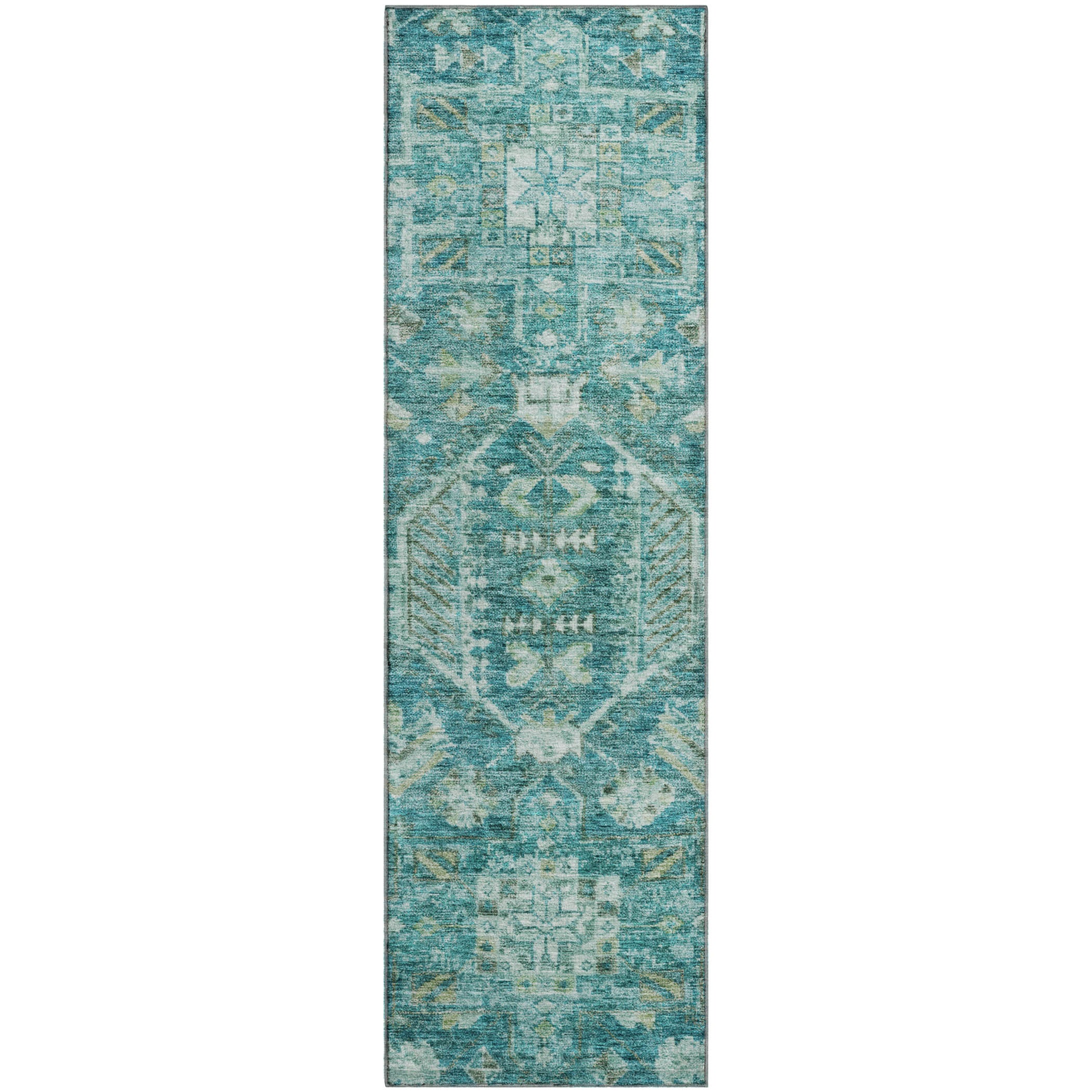 Hoi An Machine Washable Traditional Turquoise Teal Rug 2'3" x 7'6" #shape_Runner