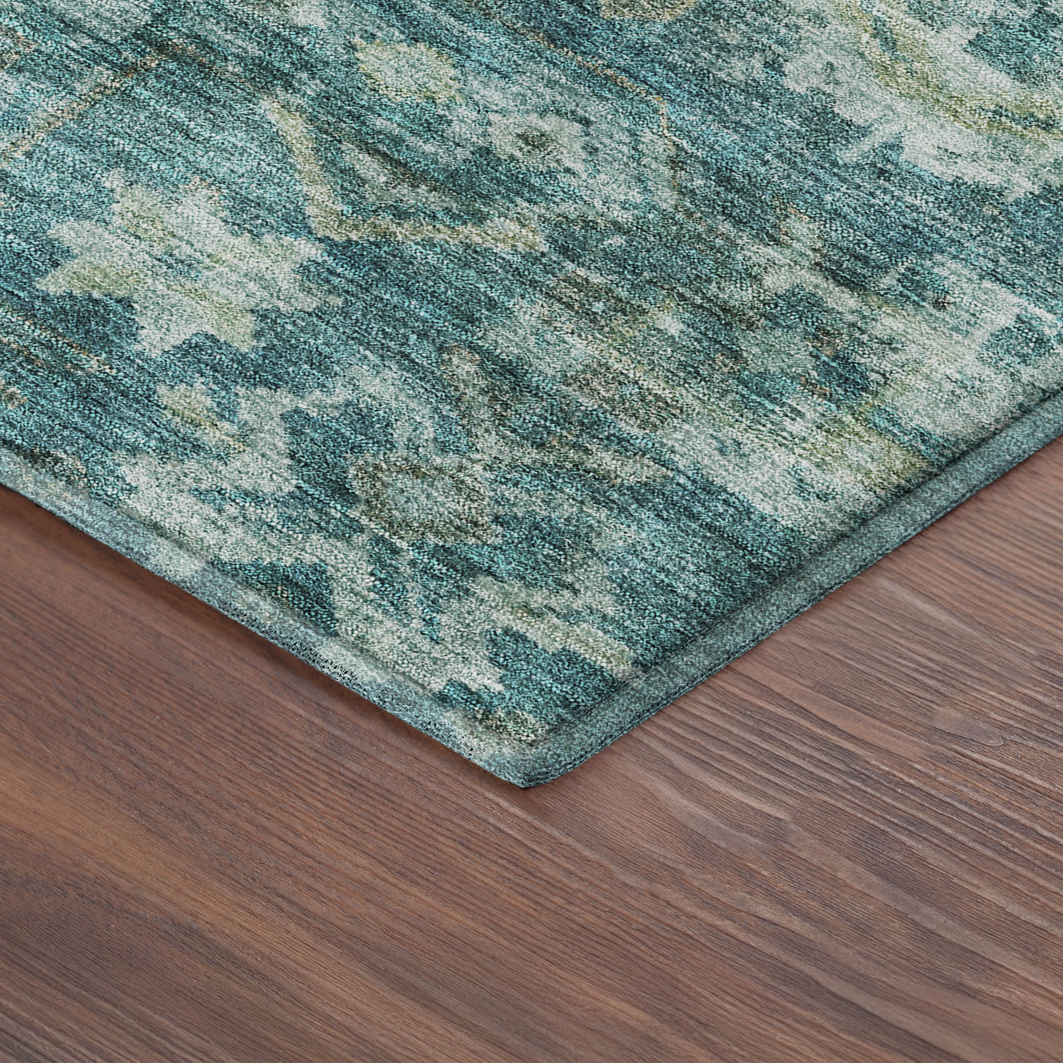 Hoi An Machine Washable Traditional Turquoise Teal Rug 1'8" x 2'6" #shape_Rectangle