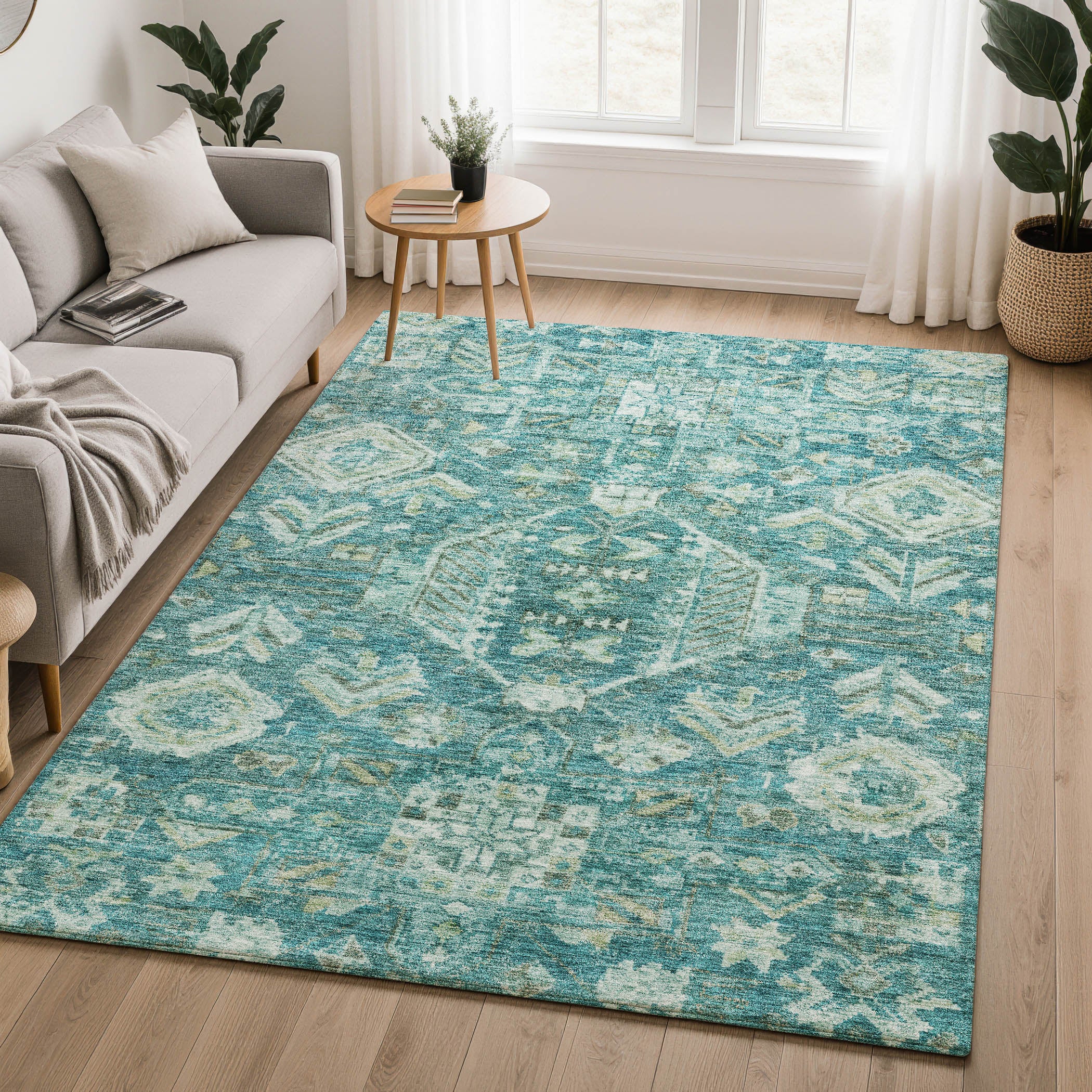 Hoi An Machine Washable Traditional Turquoise Teal Rug 3' x 5' #shape_Rectangle
