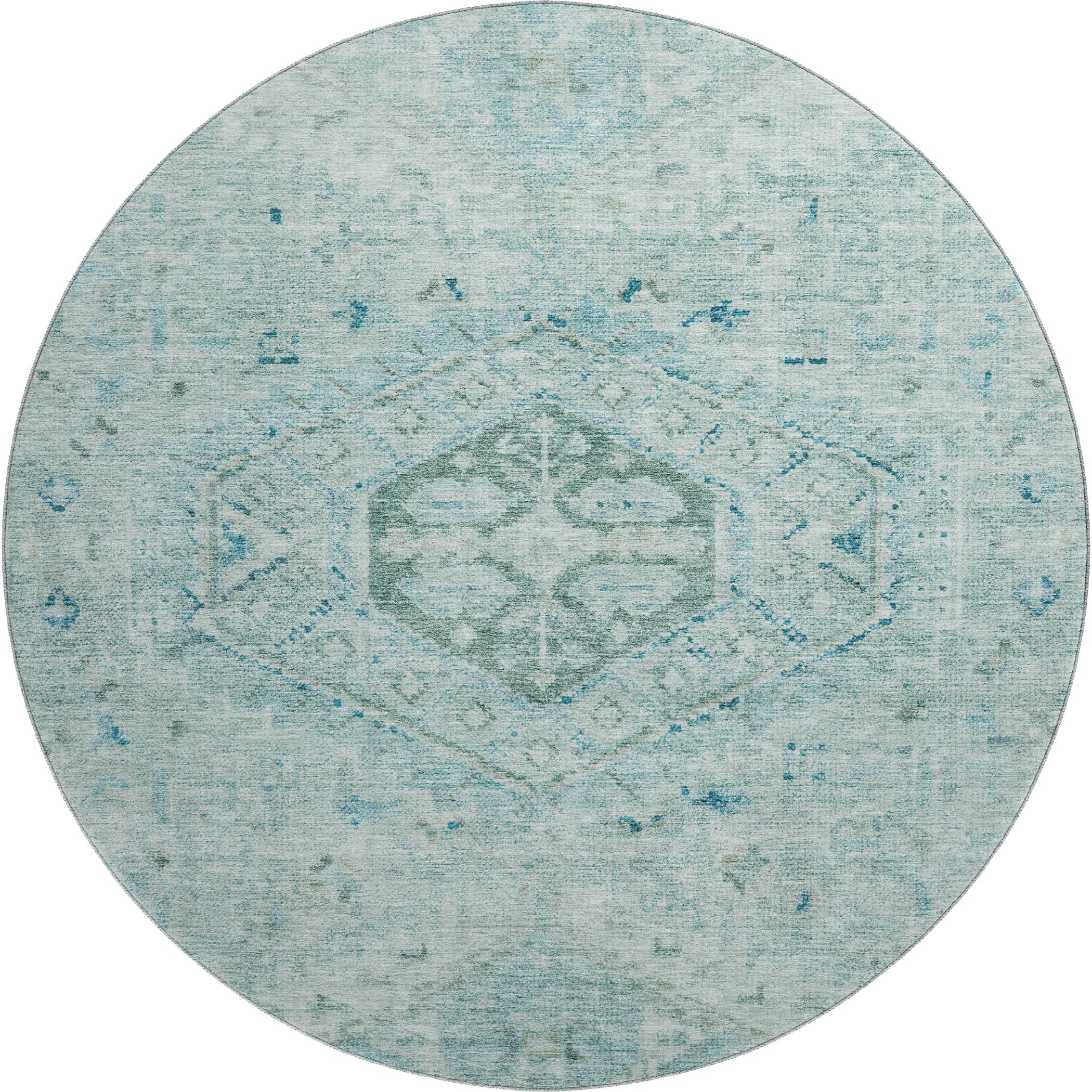 Sarajevo Machine Washable Traditional Aqua Teal Rug 8' x 8' #shape_Round