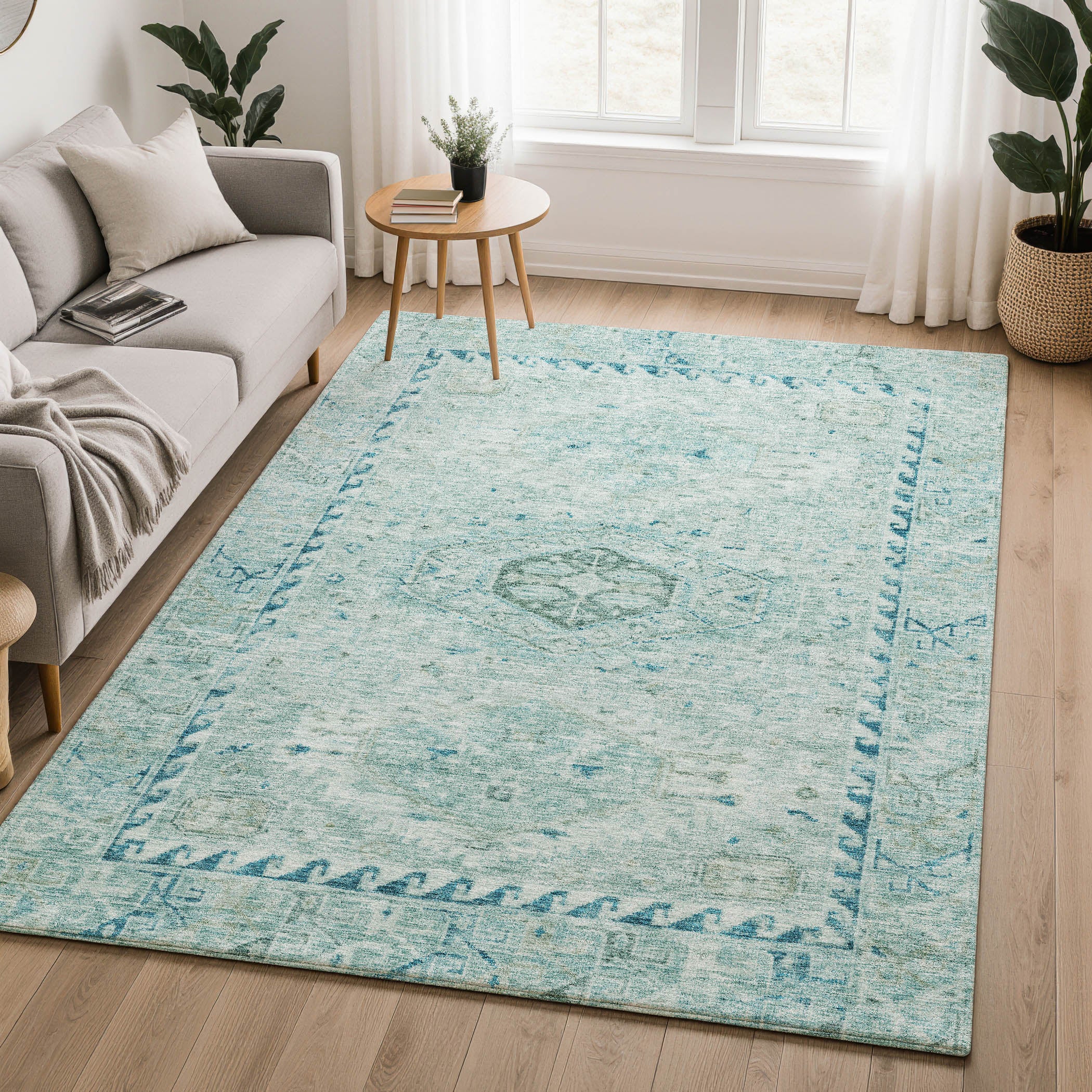 Sarajevo Machine Washable Traditional Aqua Teal Rug 3' x 5' #shape_Rectangle