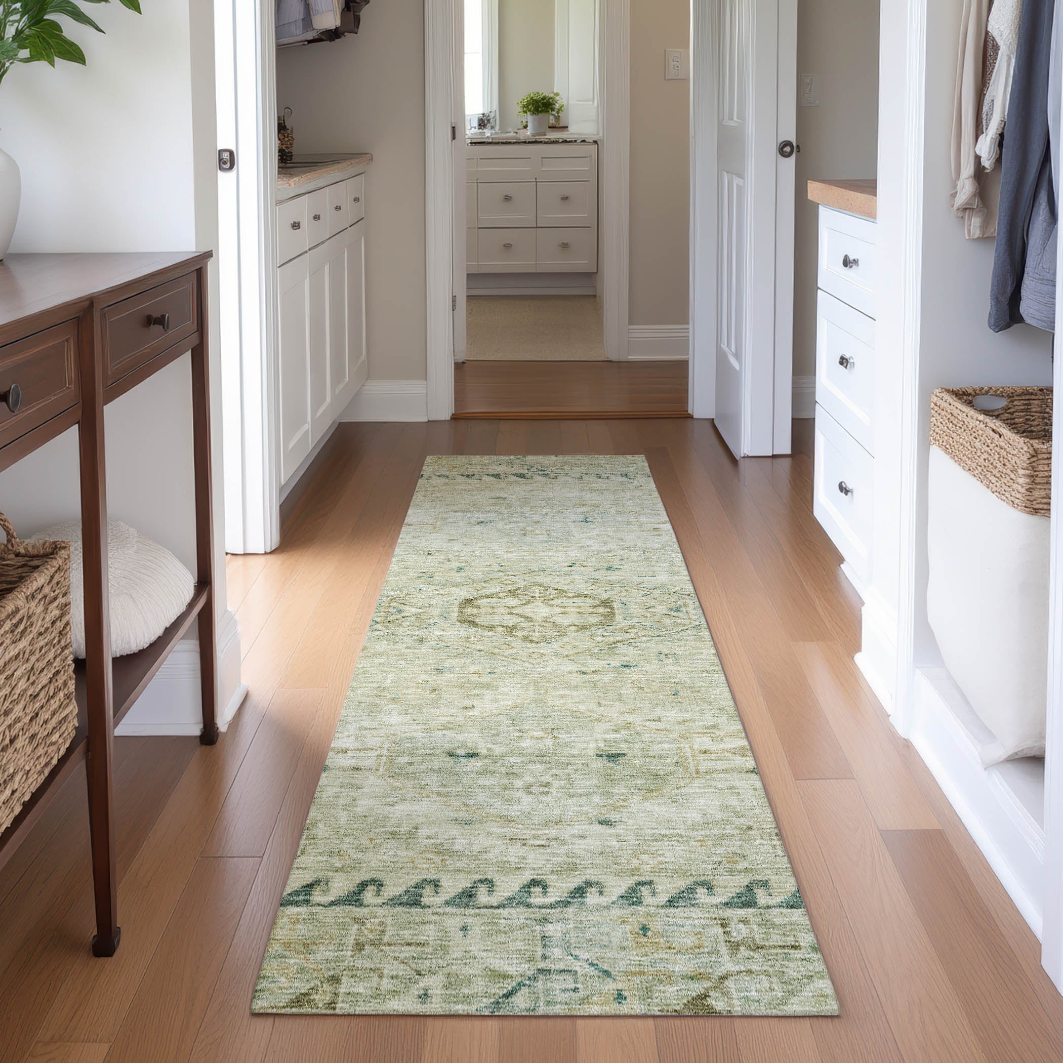 Sarajevo Machine Washable Traditional Sage Green Rug 2'3" x 7'6" #shape_Runner