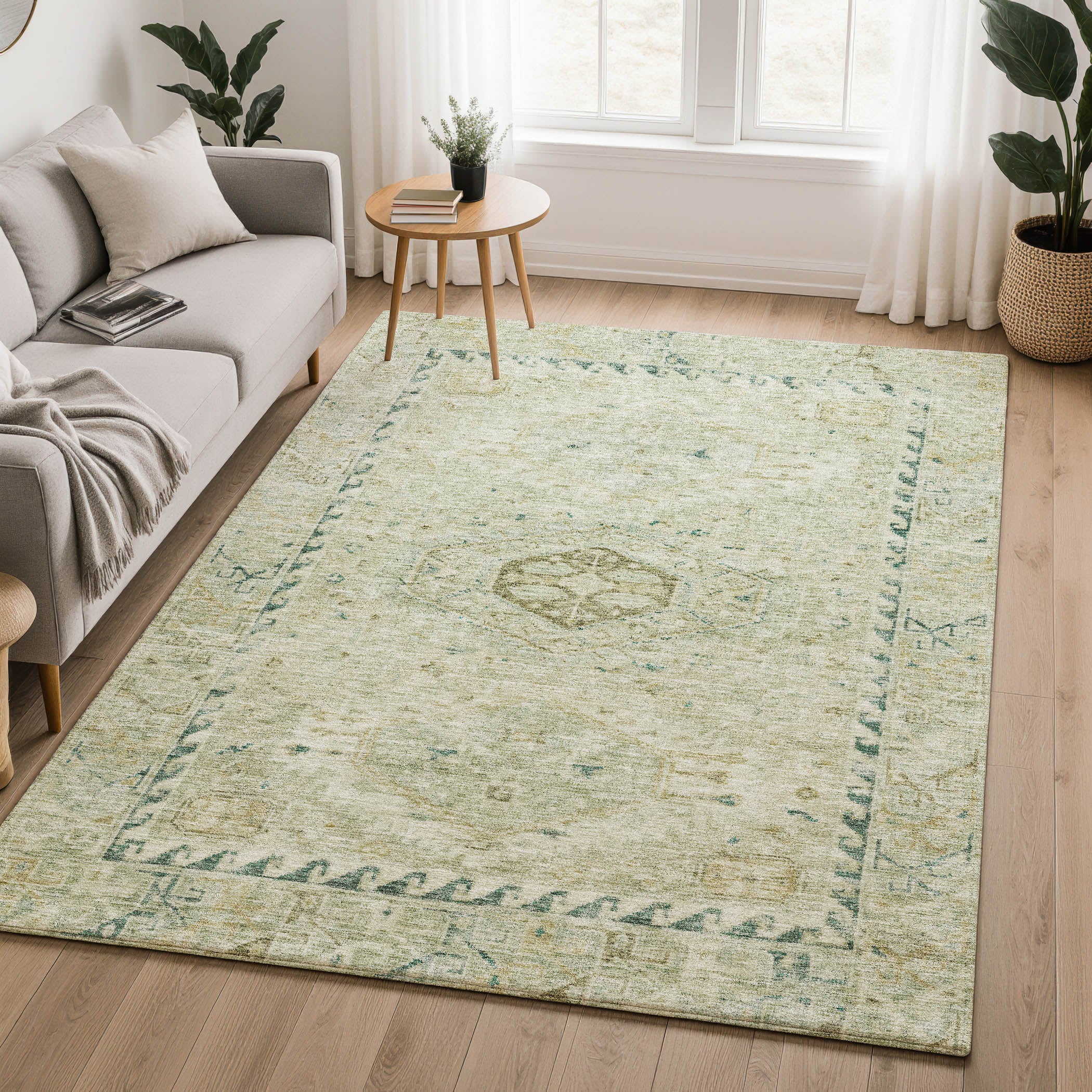 Sarajevo Machine Washable Traditional Sage Green Rug 3' x 5' #shape_Rectangle