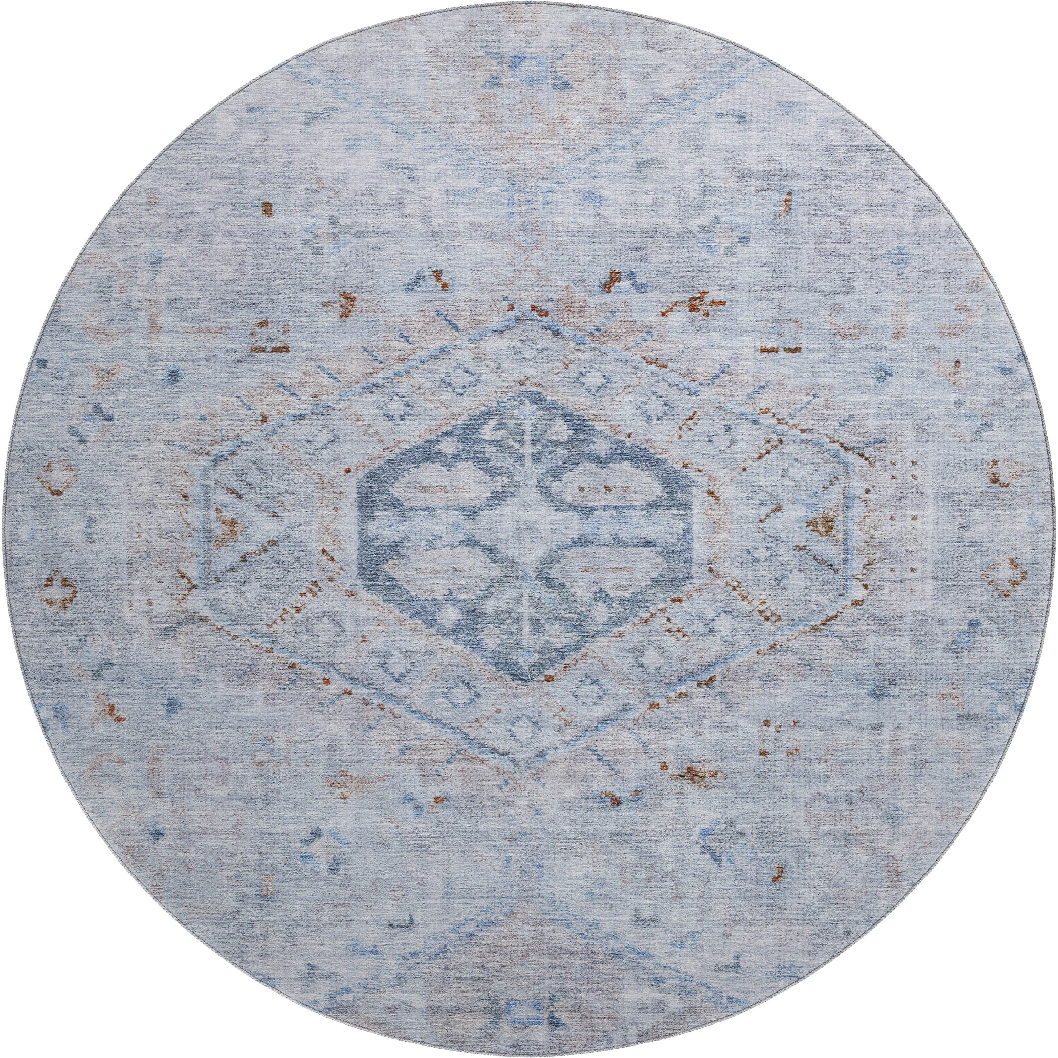 Sarajevo Machine Washable Traditional Sky Blue Rug 8' x 8' #shape_Round