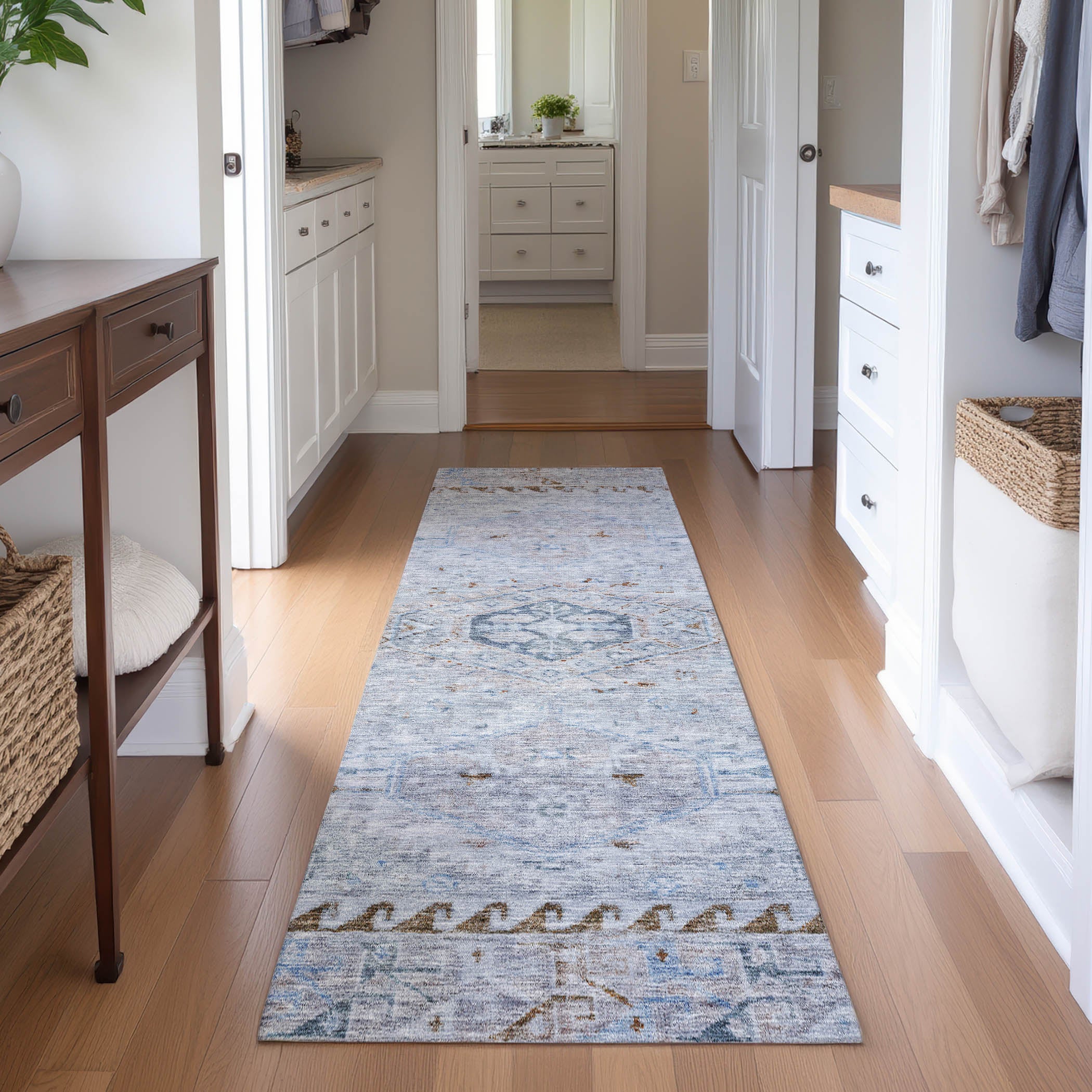 Sarajevo Machine Washable Traditional Sky Blue Rug 2'3" x 7'6" #shape_Runner