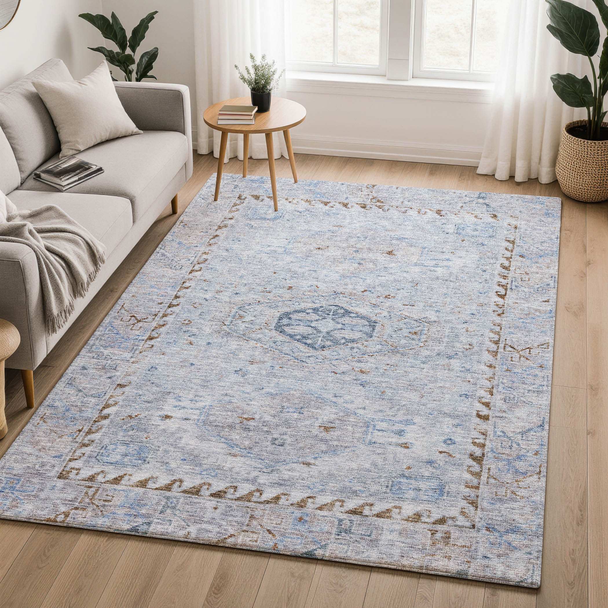 Sarajevo Machine Washable Traditional Sky Blue Rug 3' x 5' #shape_Rectangle
