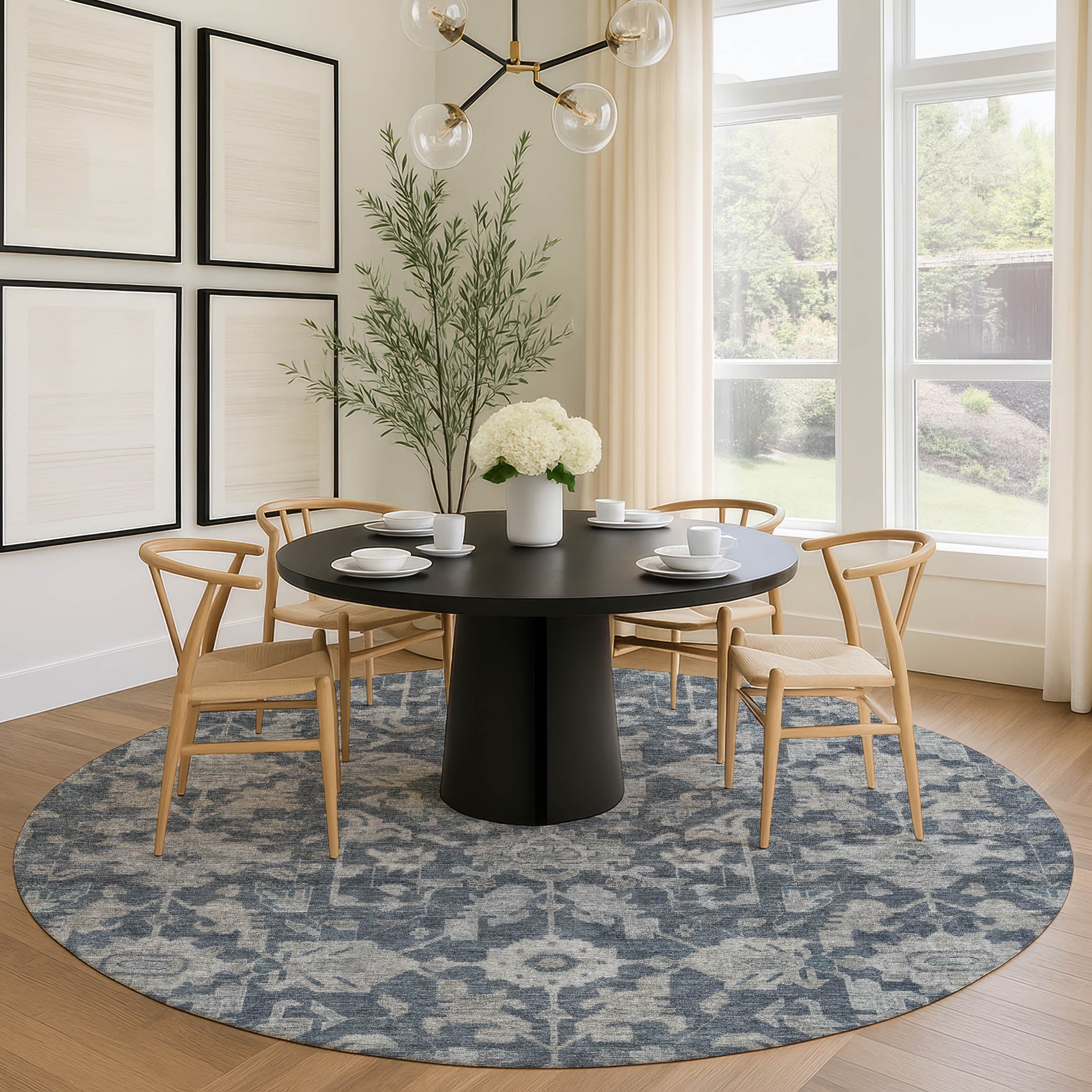 Sarajevo Machine Washable Traditional Denim Blue Rug 8' x 8' #shape_Round