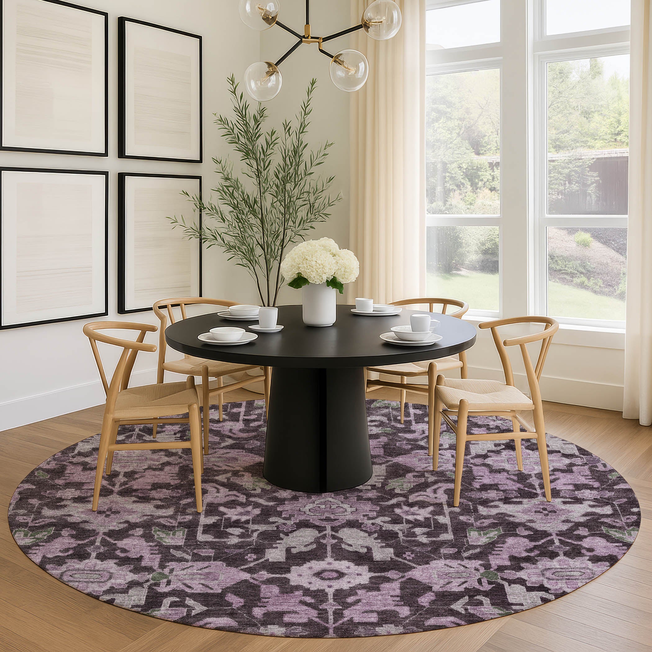 Sarajevo Machine Washable Traditional Eggplant Purple Rug 8' x 8' #shape_Round