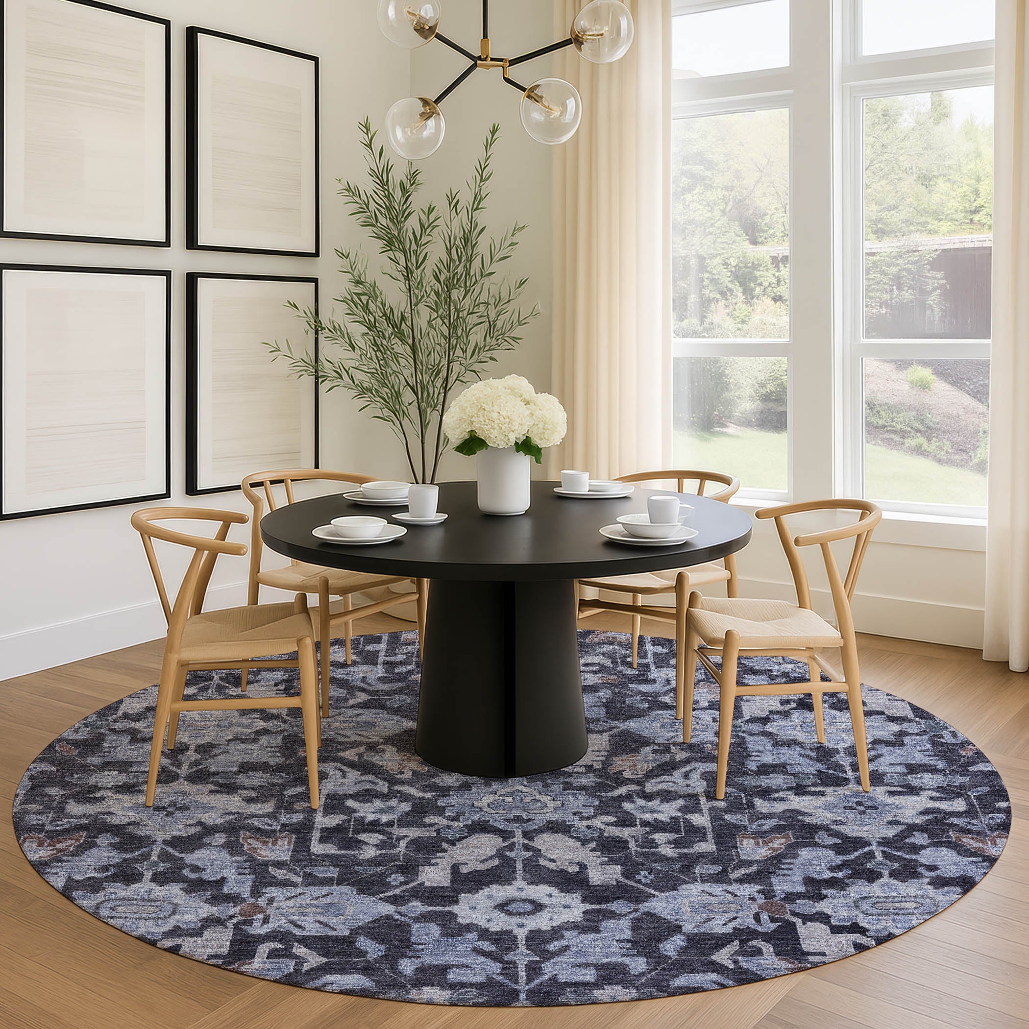 Sarajevo Machine Washable Traditional Navy Blue Rug 8' x 8' #shape_Round