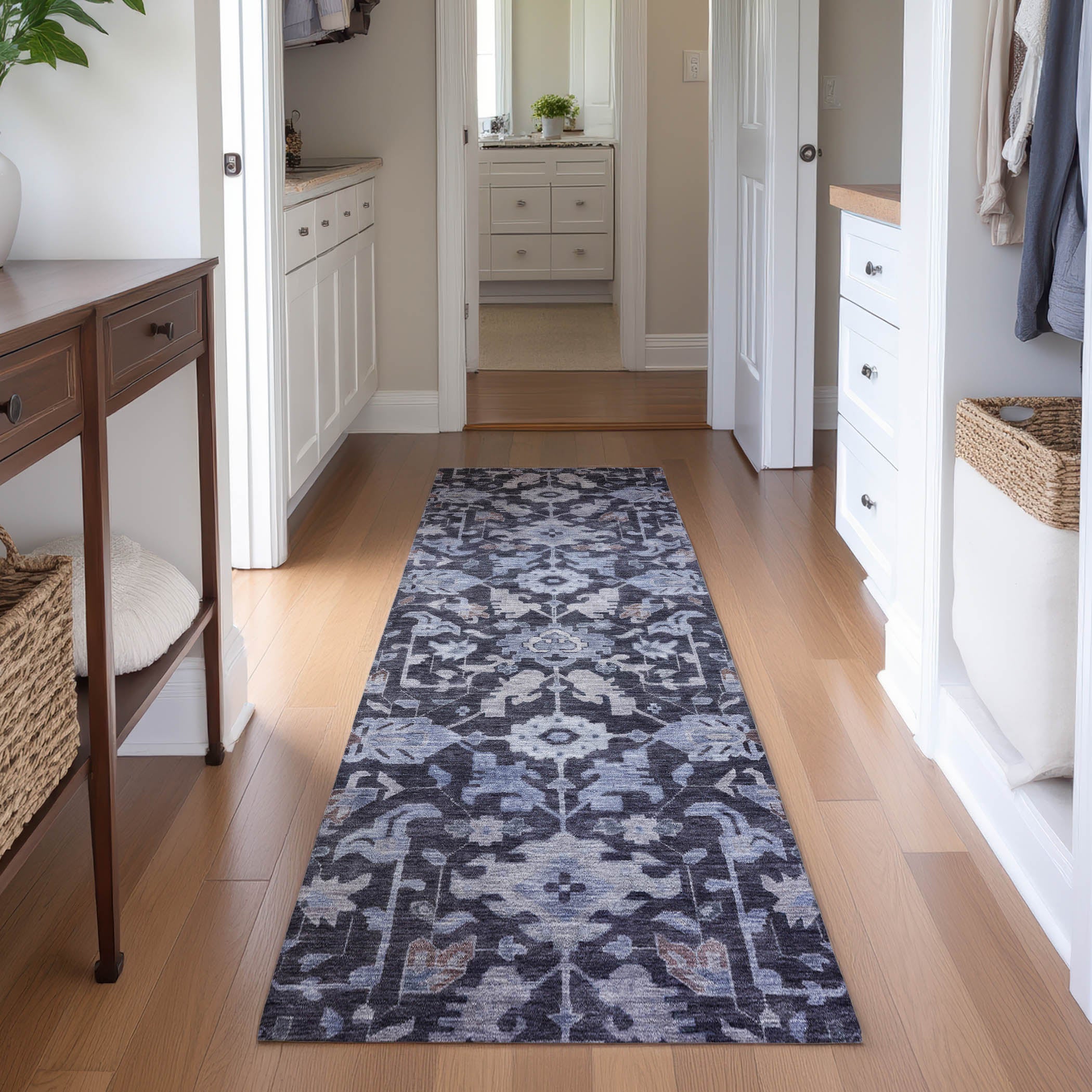 Sarajevo Machine Washable Traditional Navy Blue Rug 2'3" x 7'6" #shape_Runner