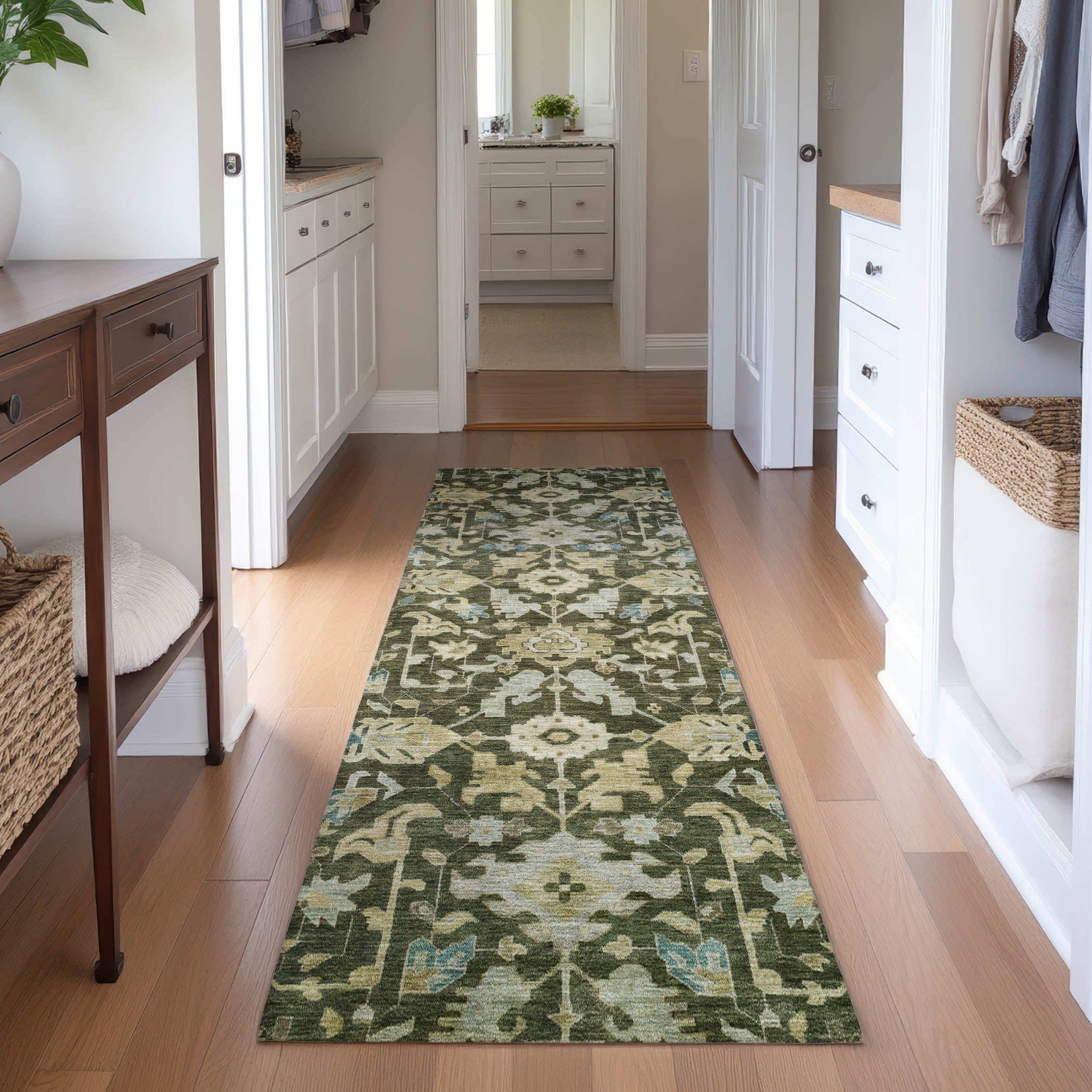 Sarajevo Machine Washable Traditional Olive Green Rug 2'3" x 7'6" #shape_Runner