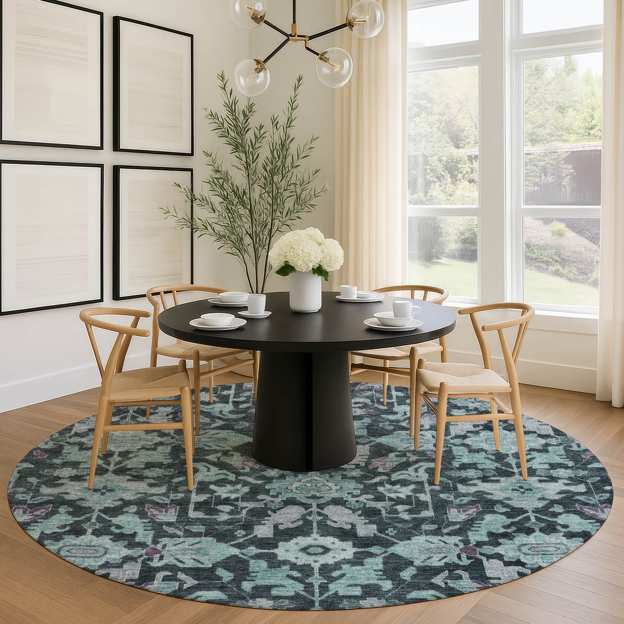 Sarajevo Machine Washable Traditional Teal Rug 8' x 8' #shape_Round