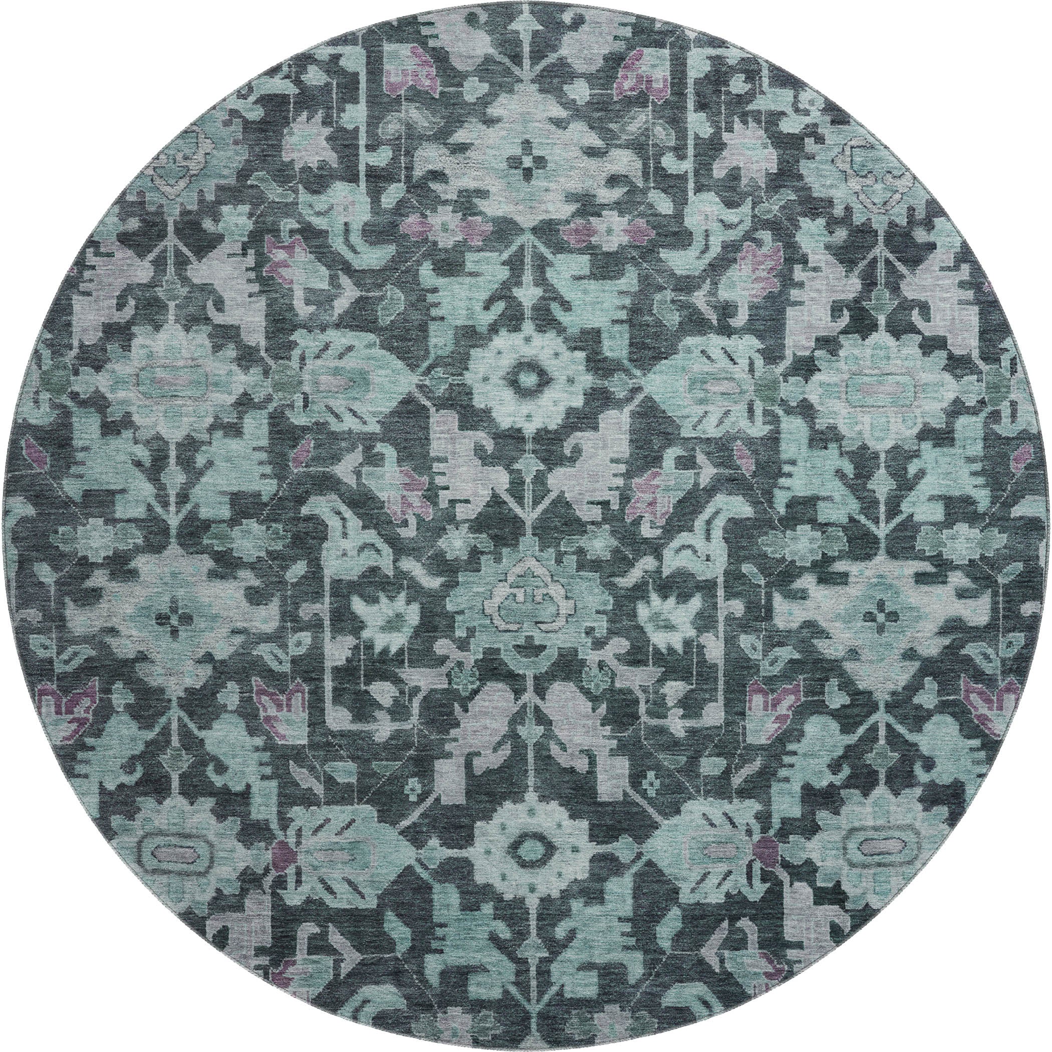 Sarajevo Machine Washable Traditional Teal Rug 8' x 8' #shape_Round